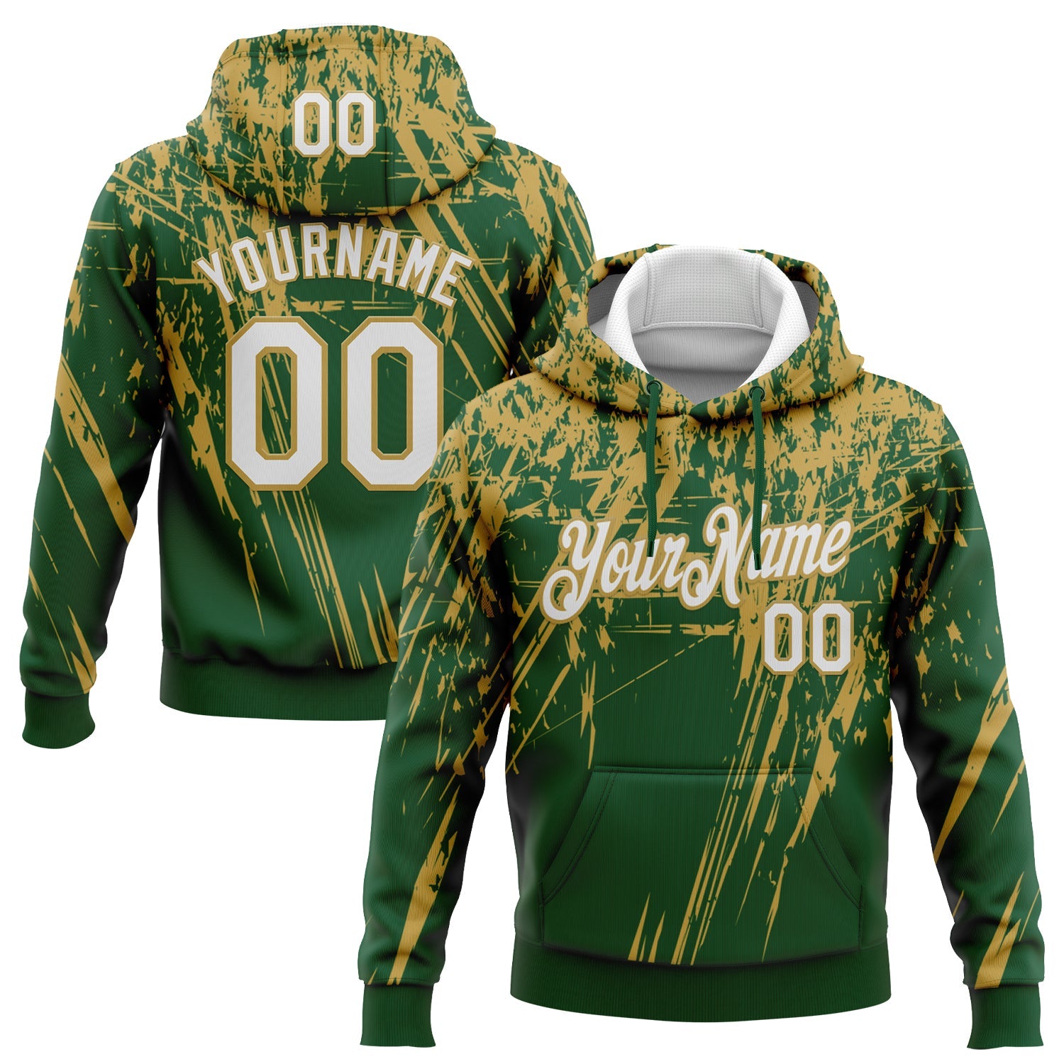 Custom Stitched Green White-Old Gold 3D Pattern Design Splash Grunge Art Sports Pullover Sweatshirt Hoodie - Main View