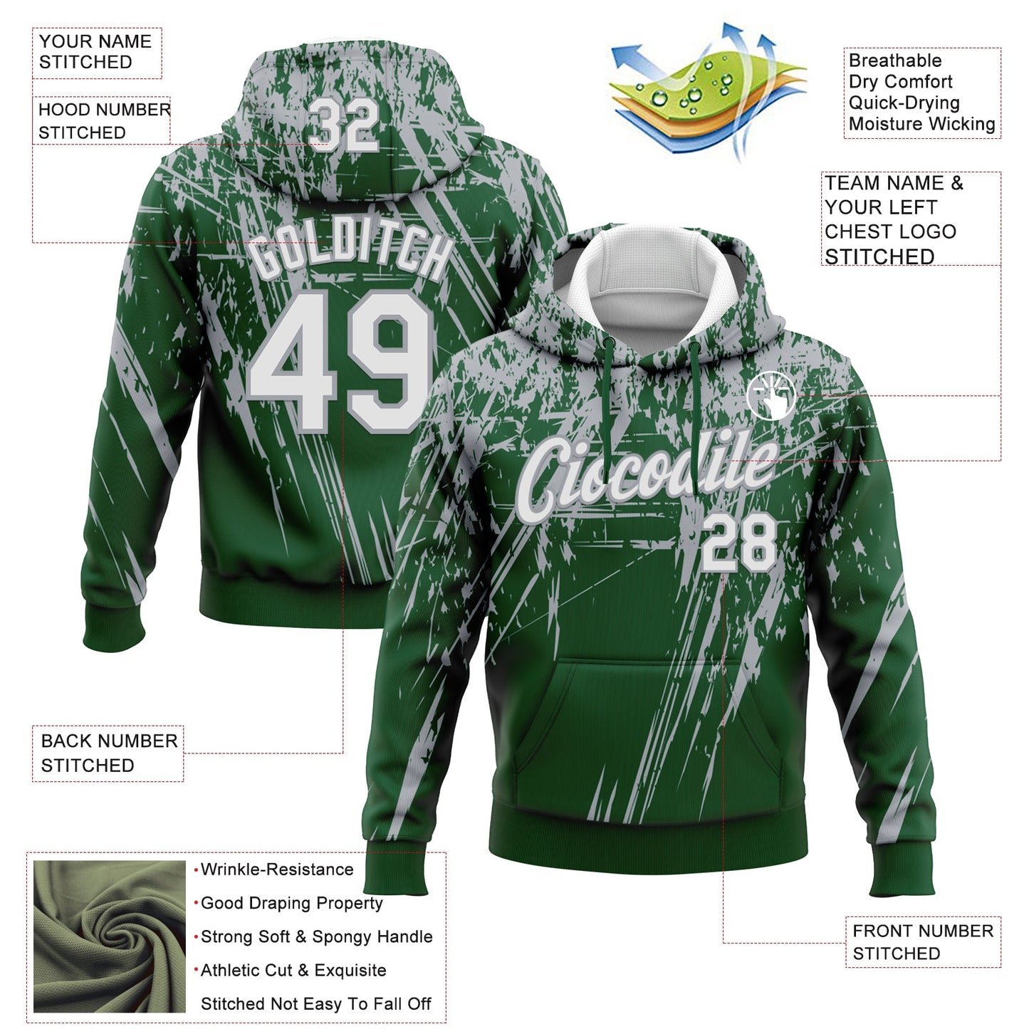 Custom Stitched Green White-Gray 3D Pattern Design Splash Grunge Art Sports Pullover Sweatshirt Hoodie view 2