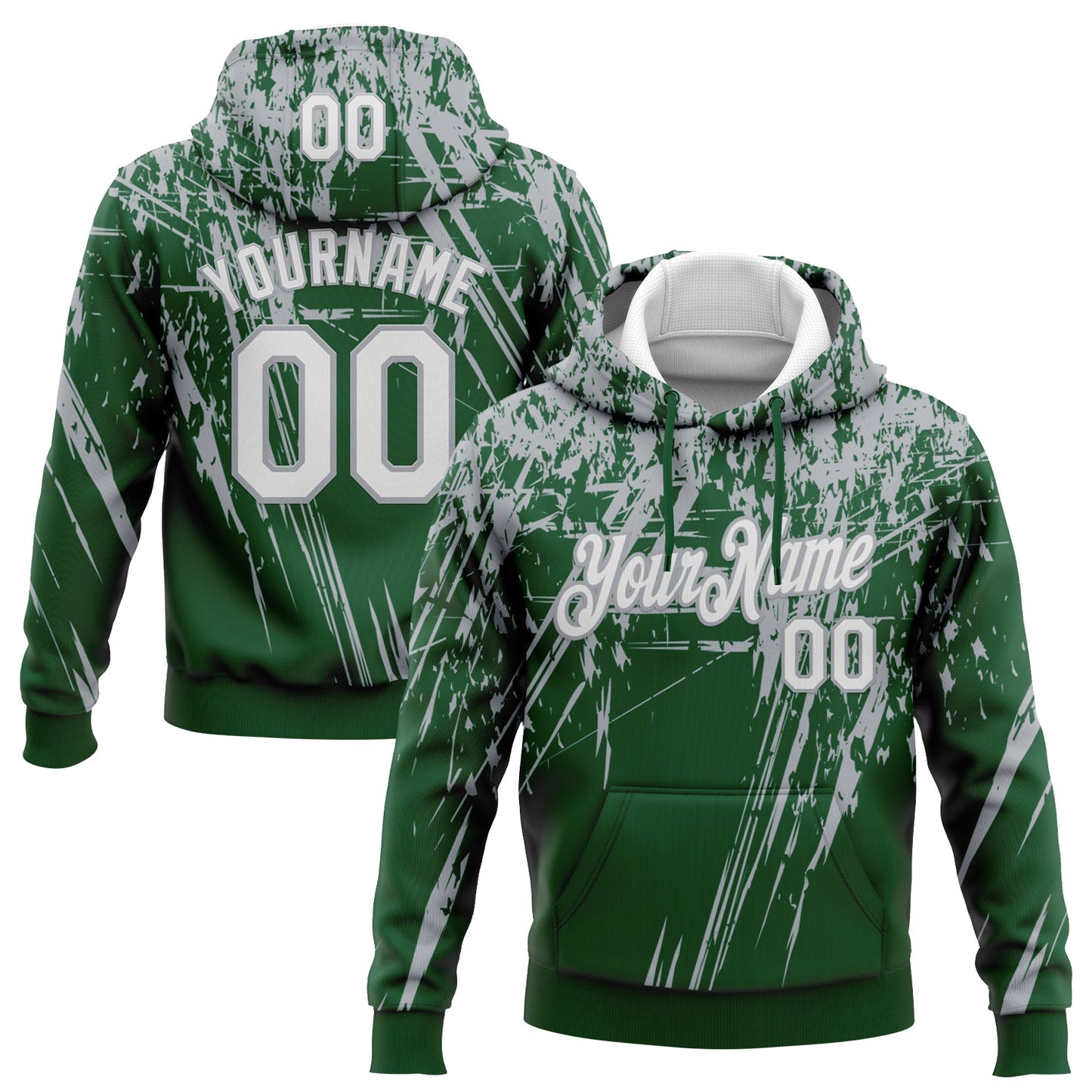 Custom Stitched Green White-Gray 3D Pattern Design Splash Grunge Art Sports Pullover Sweatshirt Hoodie - Main View
