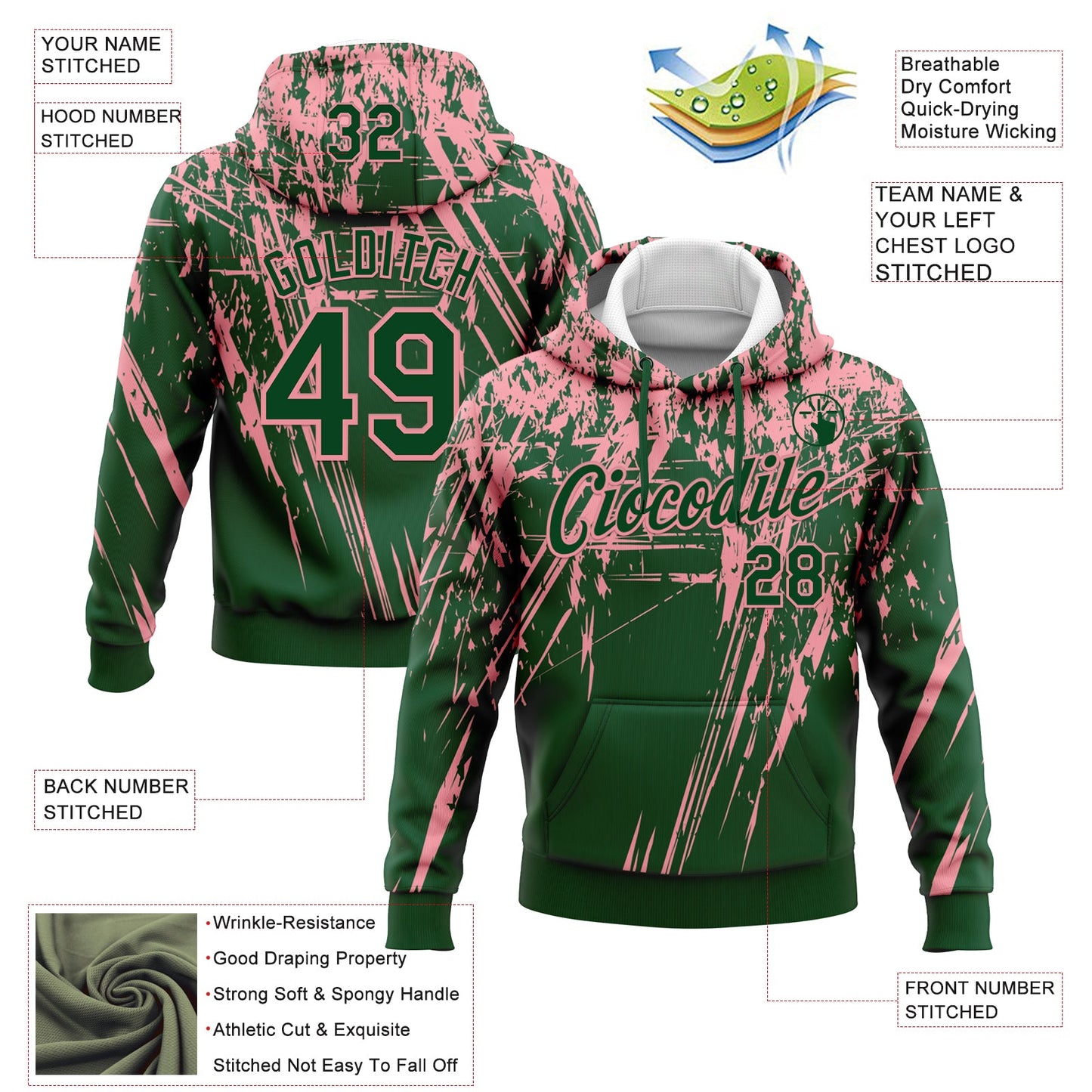 Custom Stitched Green Medium Pink 3D Pattern Design Splash Grunge Art Sports Pullover Sweatshirt Hoodie view 2