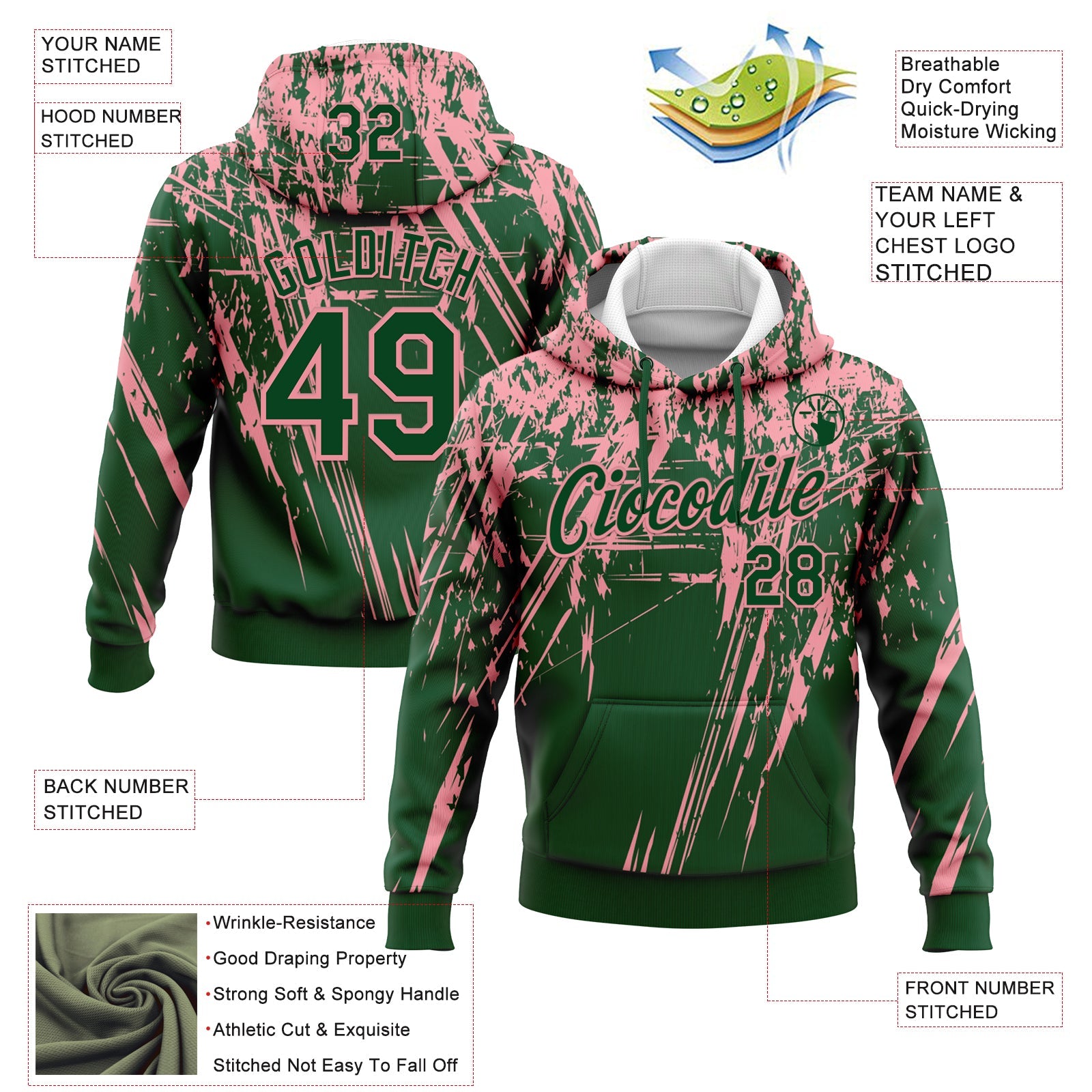 Custom Stitched Green Medium Pink 3D Pattern Design Splash Grunge Art Sports Pullover Sweatshirt Hoodie view 2