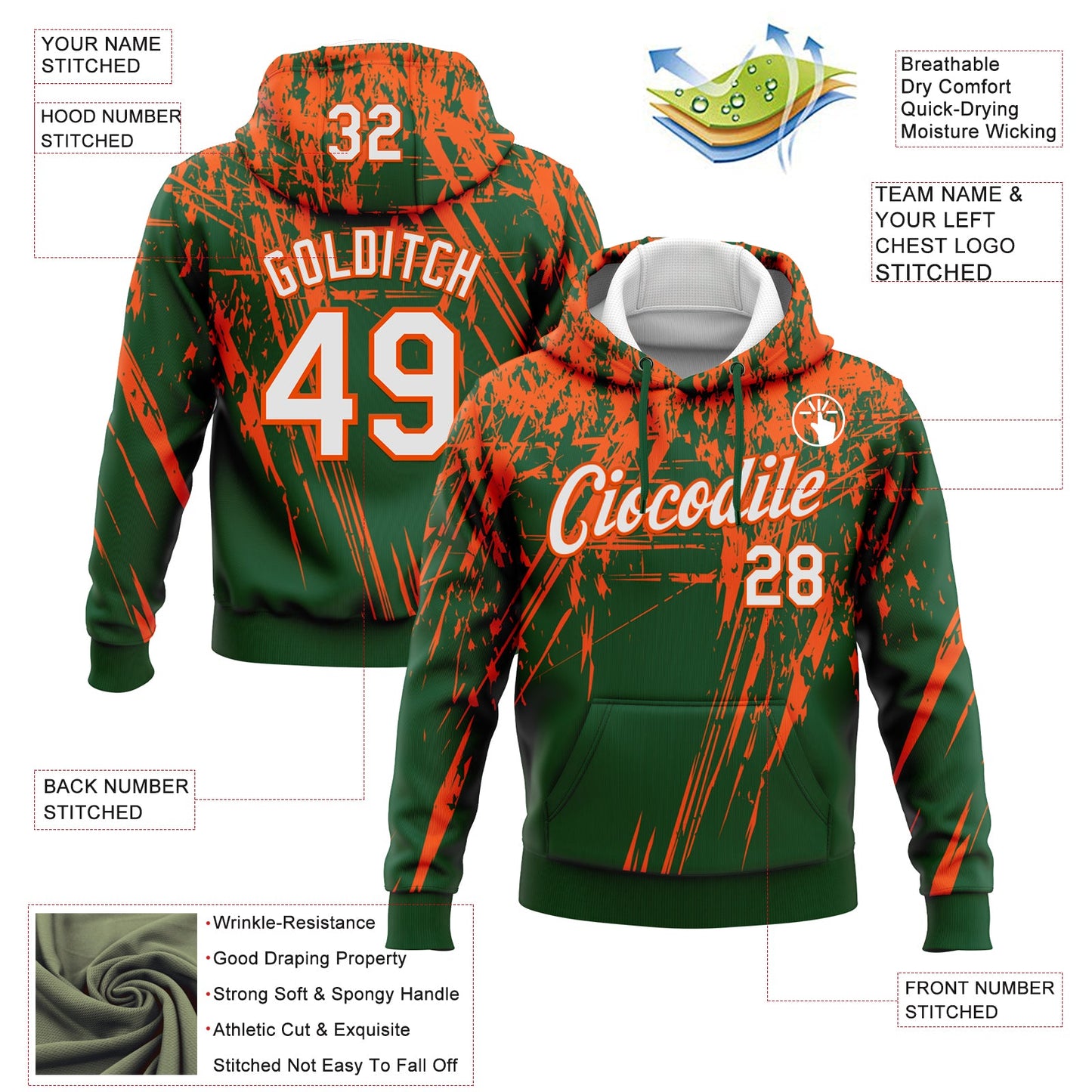Custom Stitched Green White-Orange 3D Pattern Design Splash Grunge Art Sports Pullover Sweatshirt Hoodie view 2