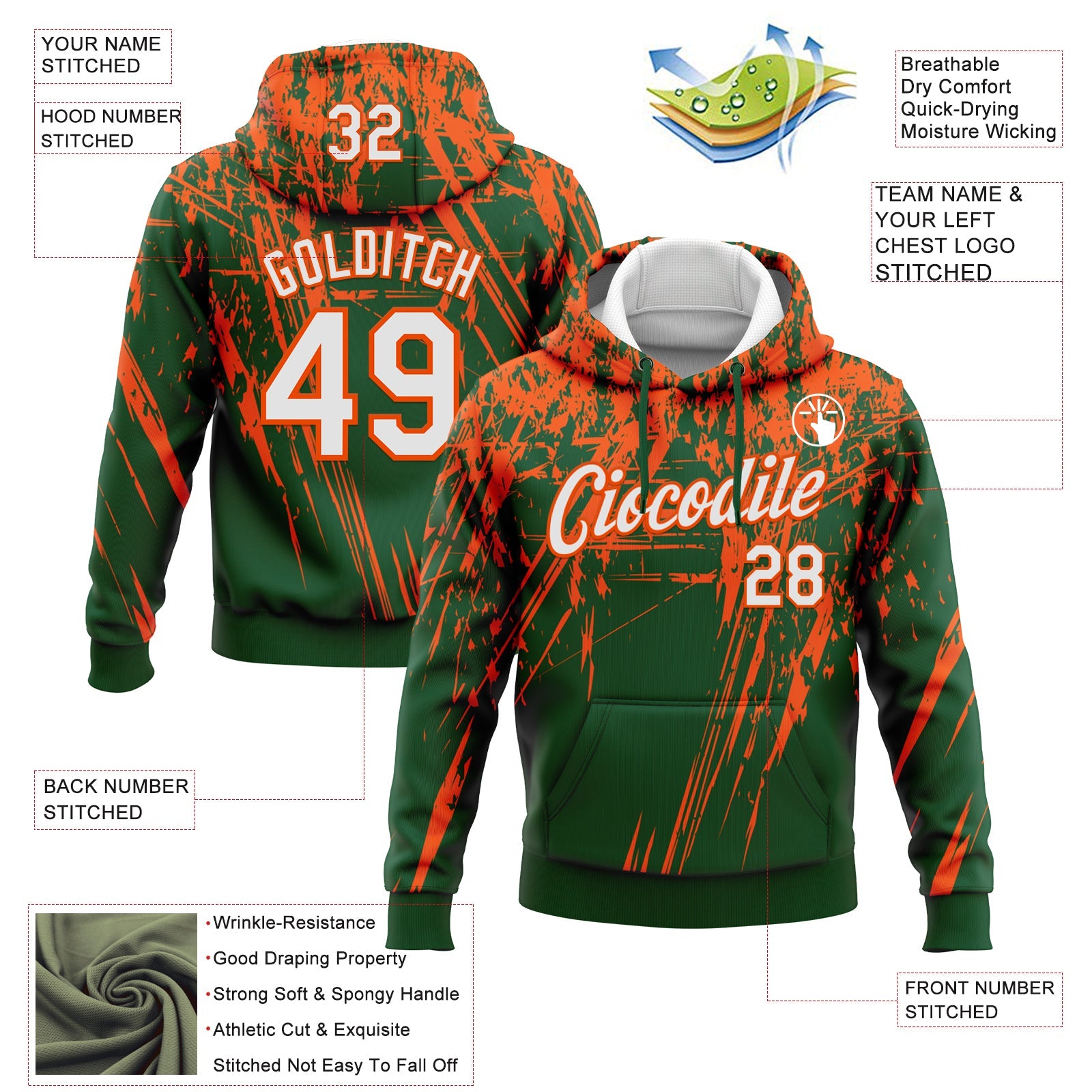Custom Stitched Green White-Orange 3D Pattern Design Splash Grunge Art Sports Pullover Sweatshirt Hoodie view 2