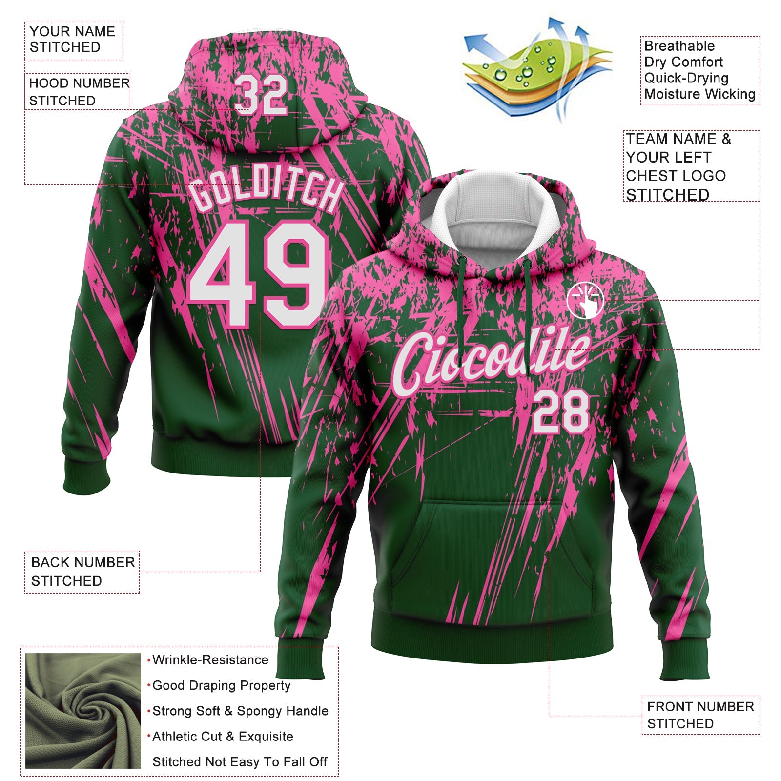 Custom Stitched Green White-Pink 3D Pattern Design Splash Grunge Art Sports Pullover Sweatshirt Hoodie view 2
