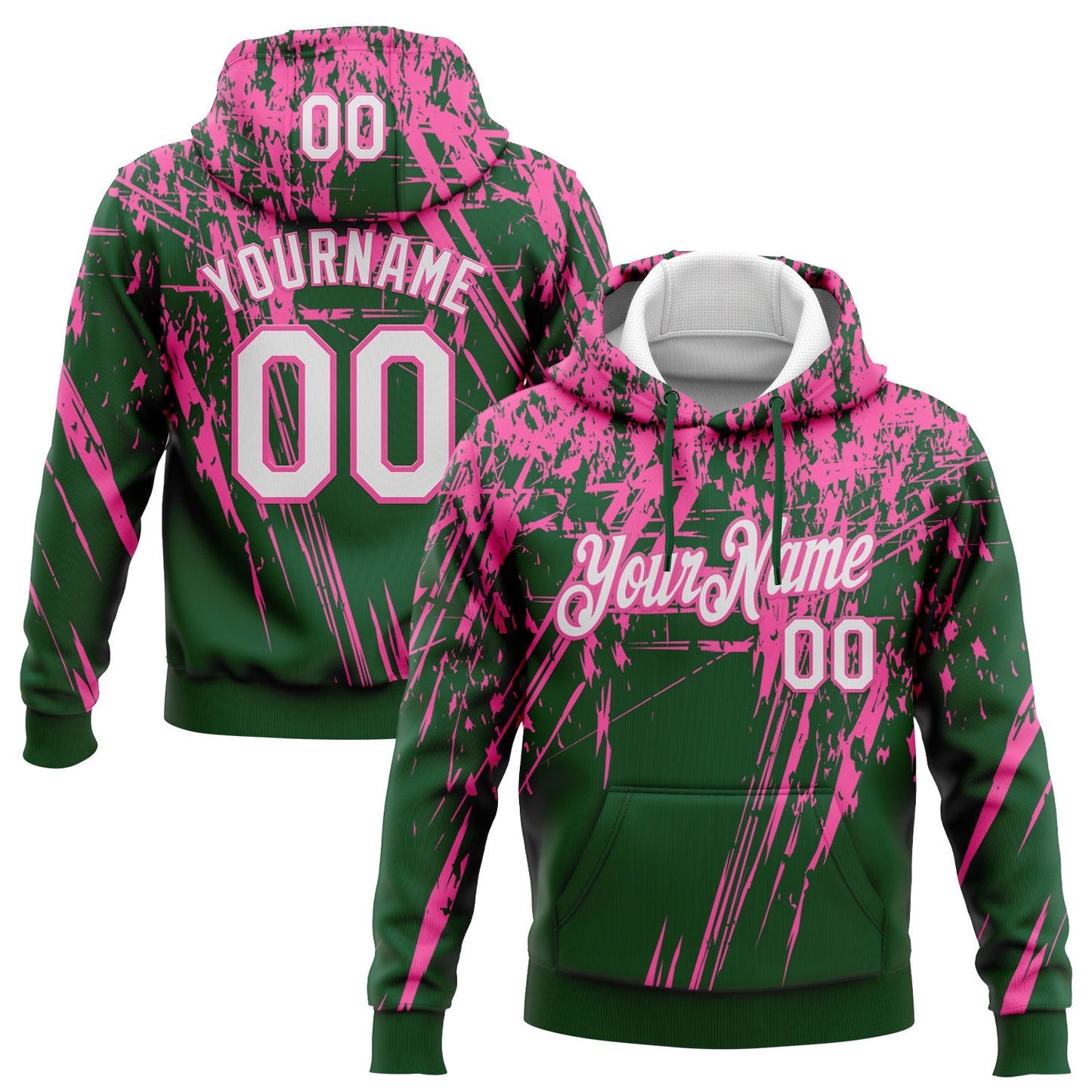Custom Stitched Green White-Pink 3D Pattern Design Splash Grunge Art Sports Pullover Sweatshirt Hoodie - Main View