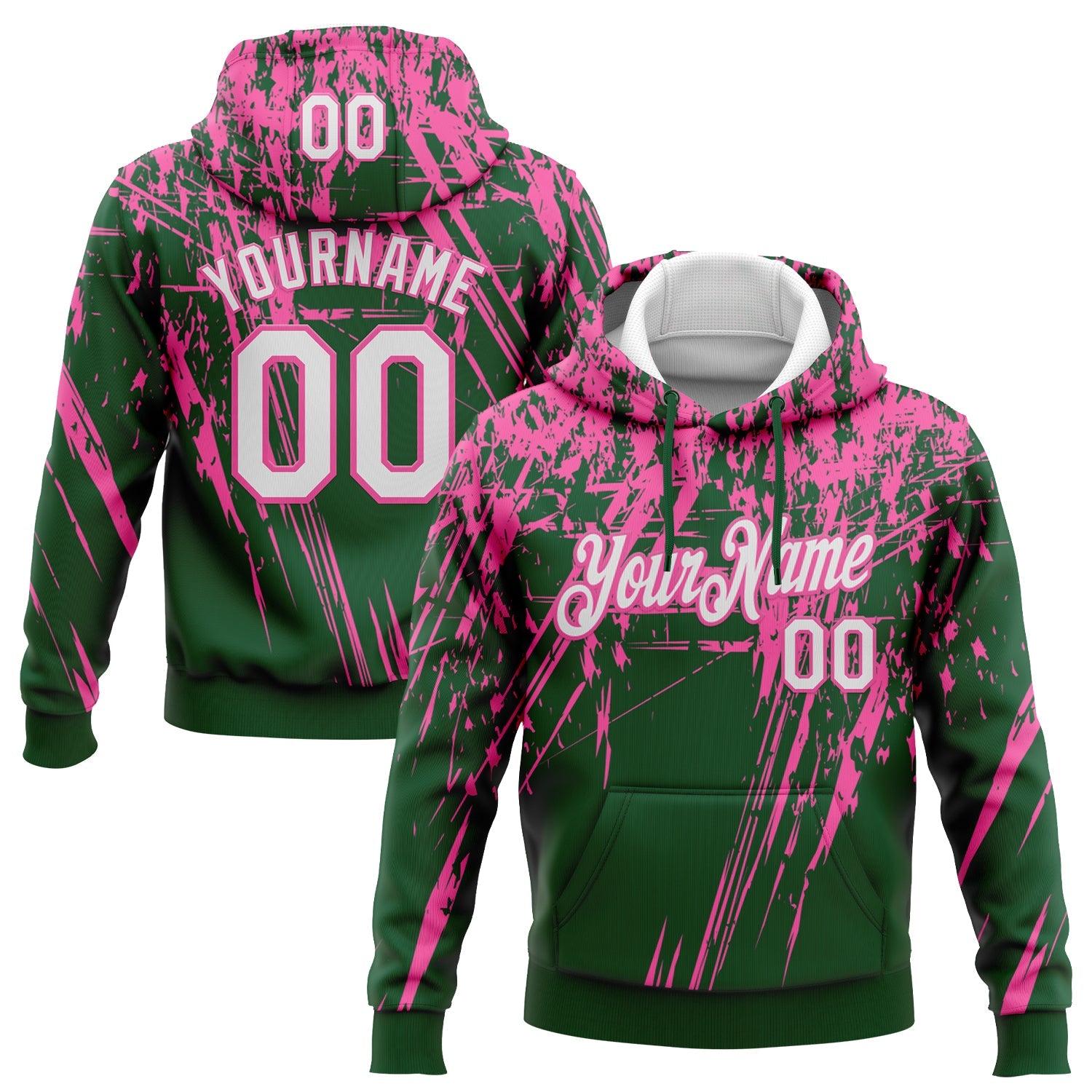 Custom Stitched Green White-Pink 3D Pattern Design Splash Grunge Art Sports Pullover Sweatshirt Hoodie - Main View
