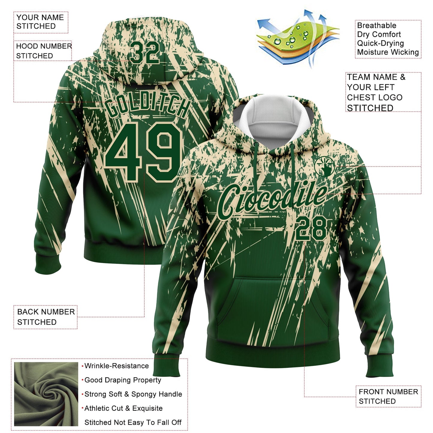 Custom Stitched Green Cream 3D Pattern Design Splash Grunge Art Sports Pullover Sweatshirt Hoodie view 2