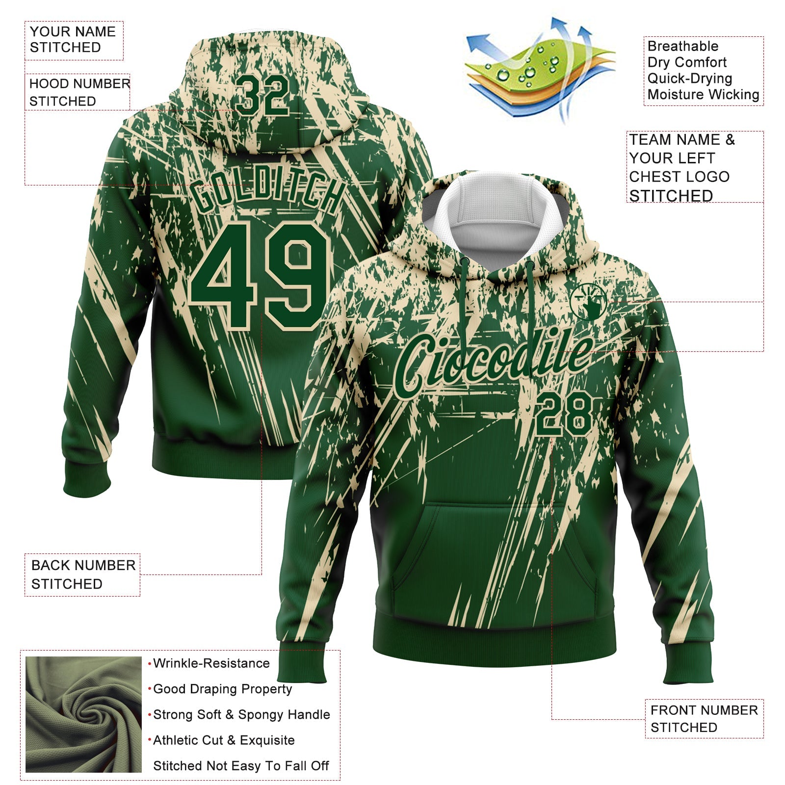 Custom Stitched Green Cream 3D Pattern Design Splash Grunge Art Sports Pullover Sweatshirt Hoodie view 2