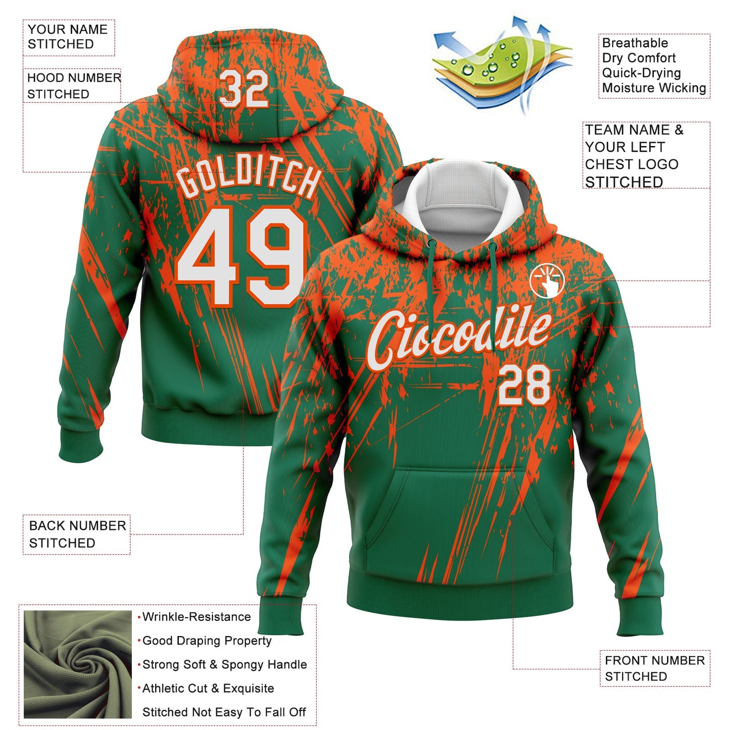 Custom Stitched Kelly Green White-Orange 3D Pattern Design Splash Grunge Art Sports Pullover Sweatshirt Hoodie view 2