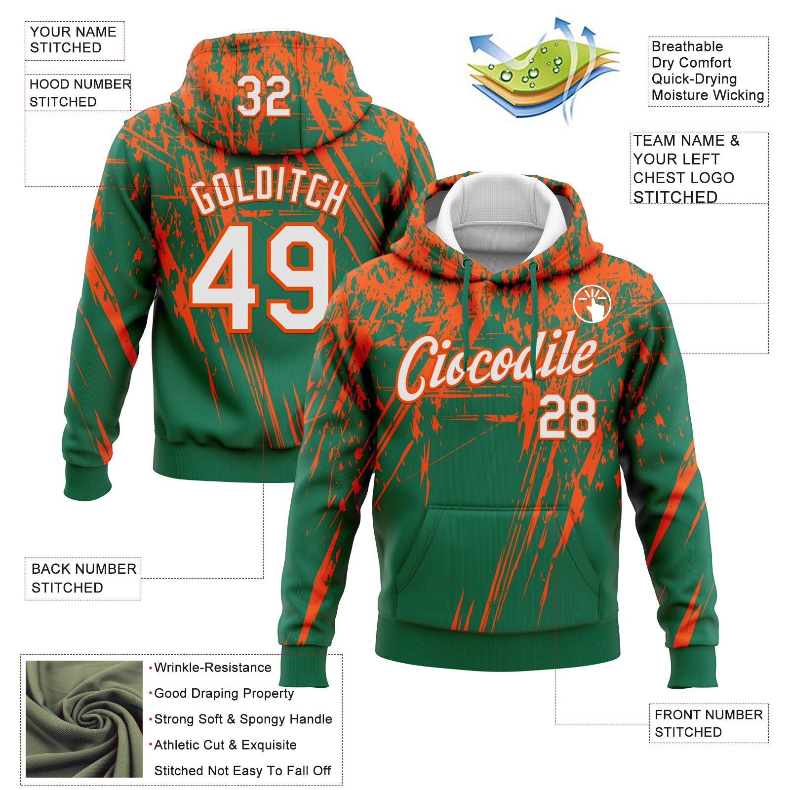 Custom Stitched Kelly Green White-Orange 3D Pattern Design Splash Grunge Art Sports Pullover Sweatshirt Hoodie view 2