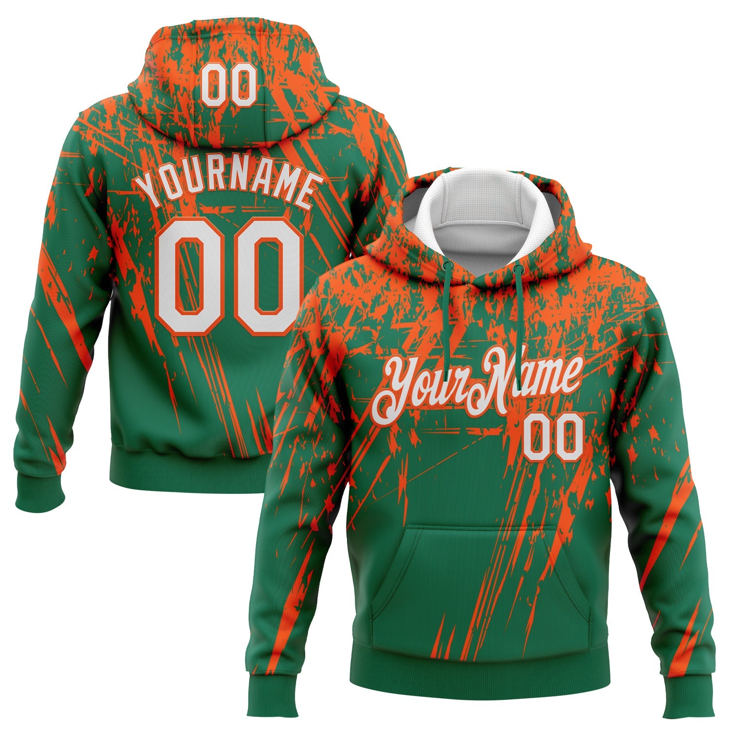 Custom Stitched Kelly Green White-Orange 3D Pattern Design Splash Grunge Art Sports Pullover Sweatshirt Hoodie - Main View