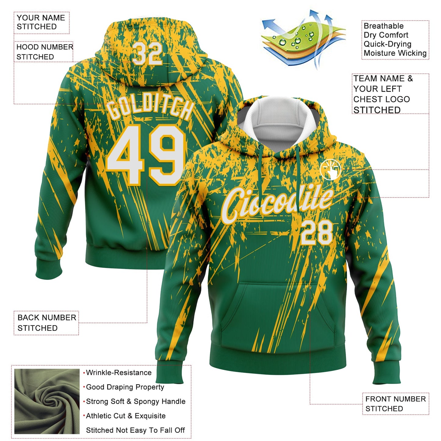 Custom Stitched Kelly Green White-Gold 3D Pattern Design Splash Grunge Art Sports Pullover Sweatshirt Hoodie view 2
