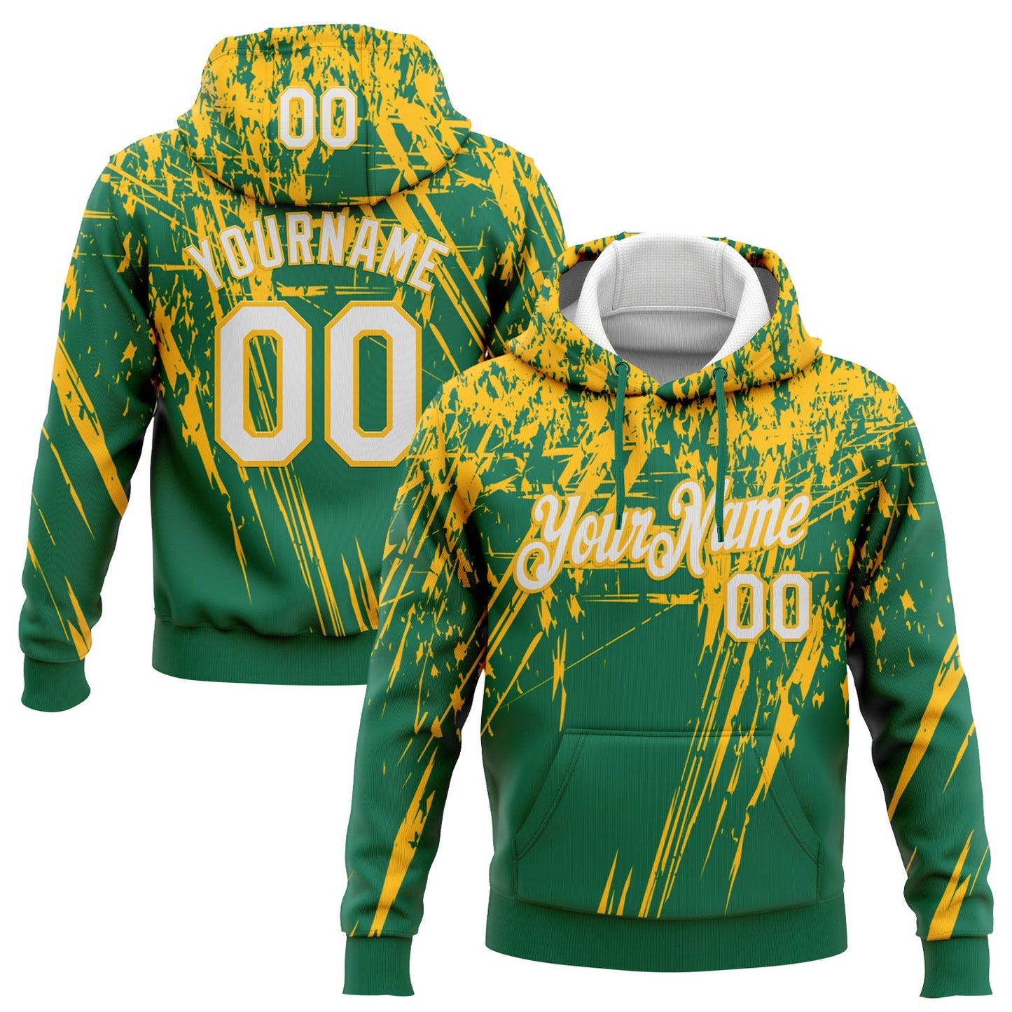 Custom Stitched Kelly Green White-Gold 3D Pattern Design Splash Grunge Art Sports Pullover Sweatshirt Hoodie - Main View
