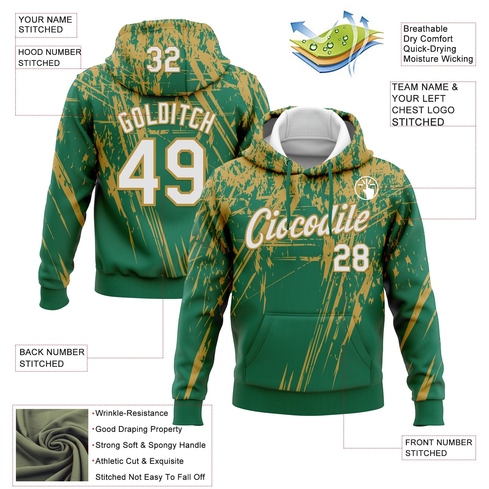 Custom Stitched Kelly Green White-Old Gold 3D Pattern Design Splash Grunge Art Sports Pullover Sweatshirt Hoodie view 2