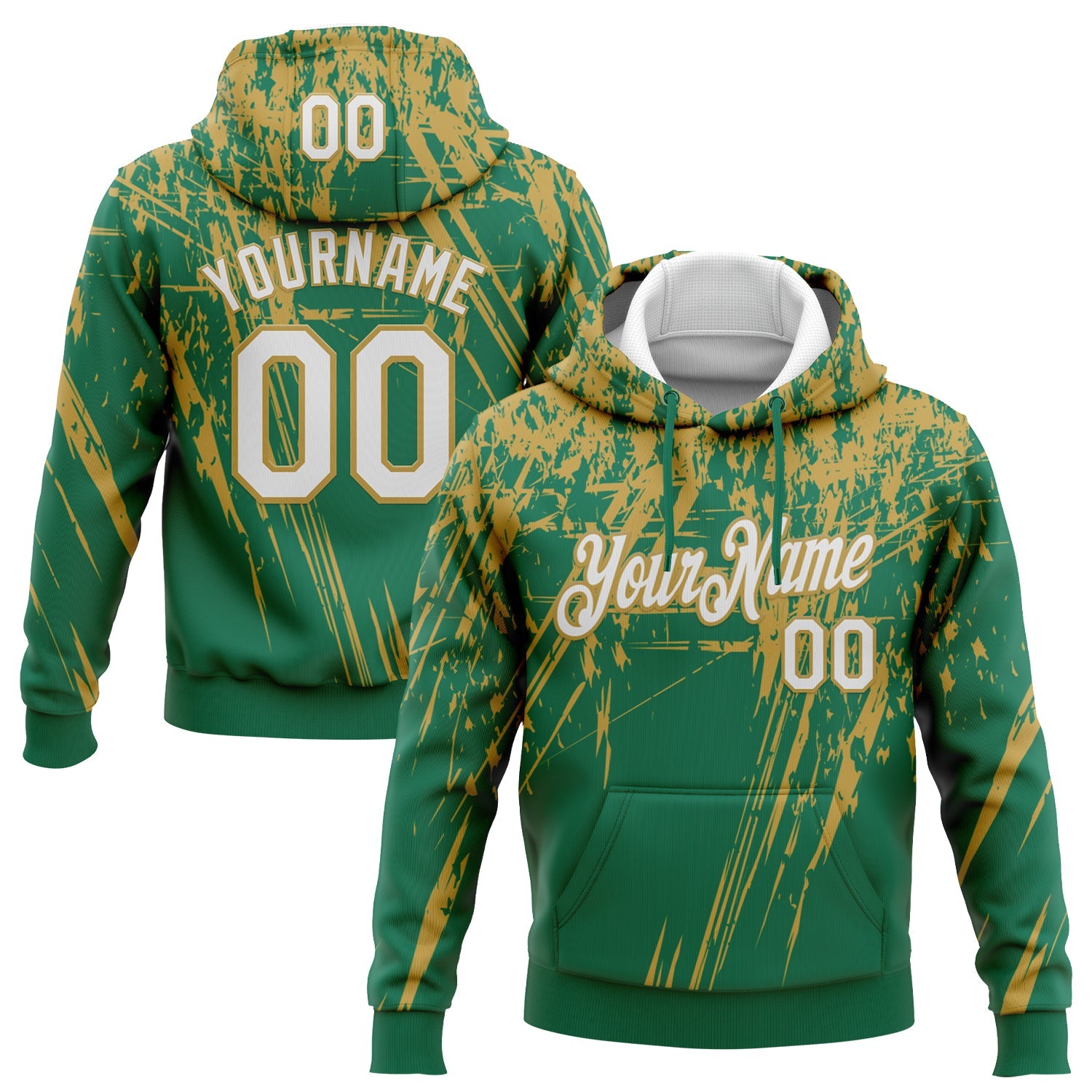 Custom Stitched Kelly Green White-Old Gold 3D Pattern Design Splash Grunge Art Sports Pullover Sweatshirt Hoodie - Main View