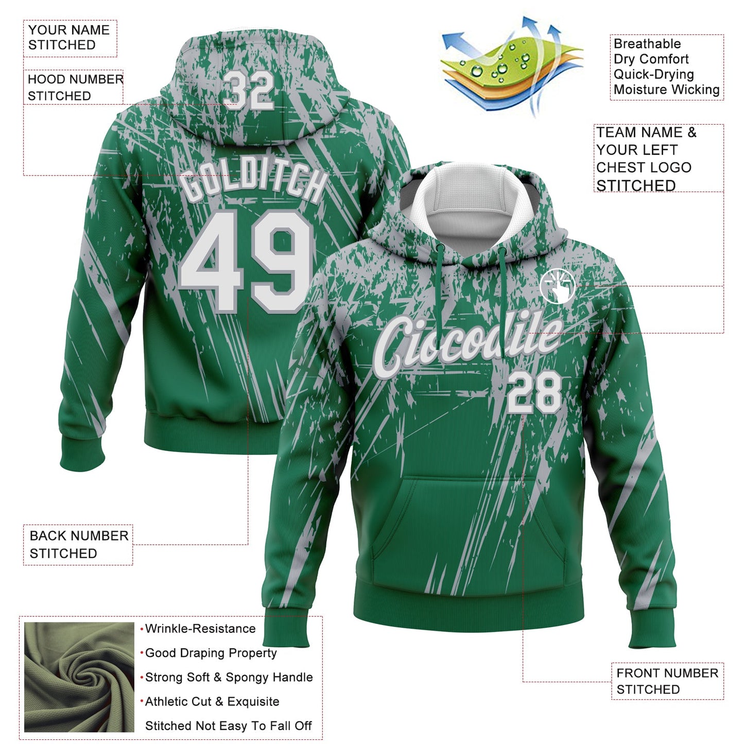 Custom Stitched Kelly Green White-Gray 3D Pattern Design Splash Grunge Art Sports Pullover Sweatshirt Hoodie view 2