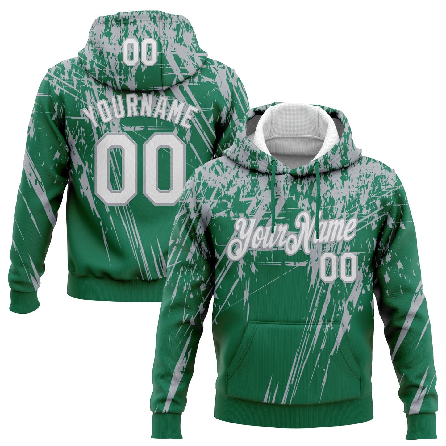 Custom Stitched Kelly Green White-Gray 3D Pattern Design Splash Grunge Art Sports Pullover Sweatshirt Hoodie - Main View
