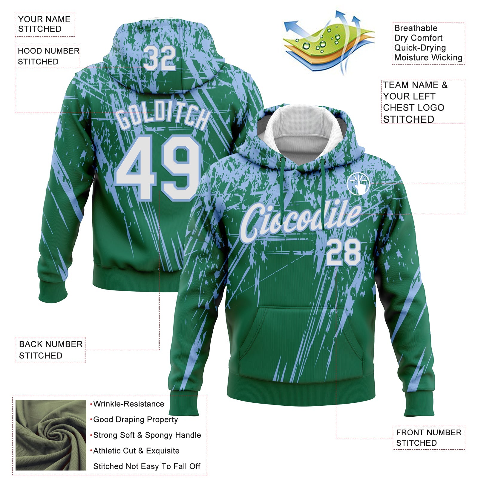 Custom Stitched Kelly Green White-Light Blue 3D Pattern Design Splash Grunge Art Sports Pullover Sweatshirt Hoodie view 2