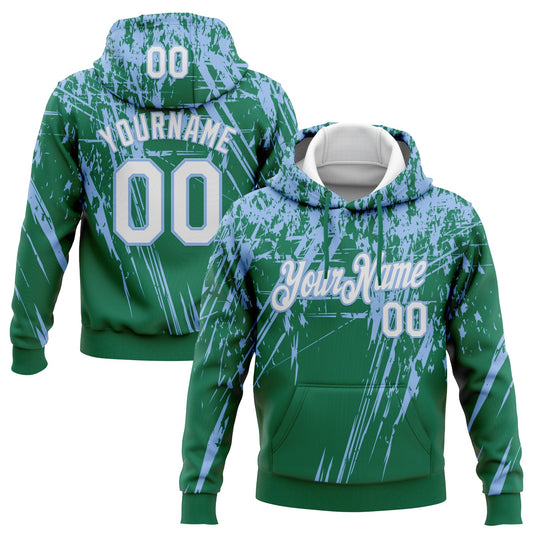 Custom Stitched Kelly Green White-Light Blue 3D Pattern Design Splash Grunge Art Sports Pullover Sweatshirt Hoodie - Main View