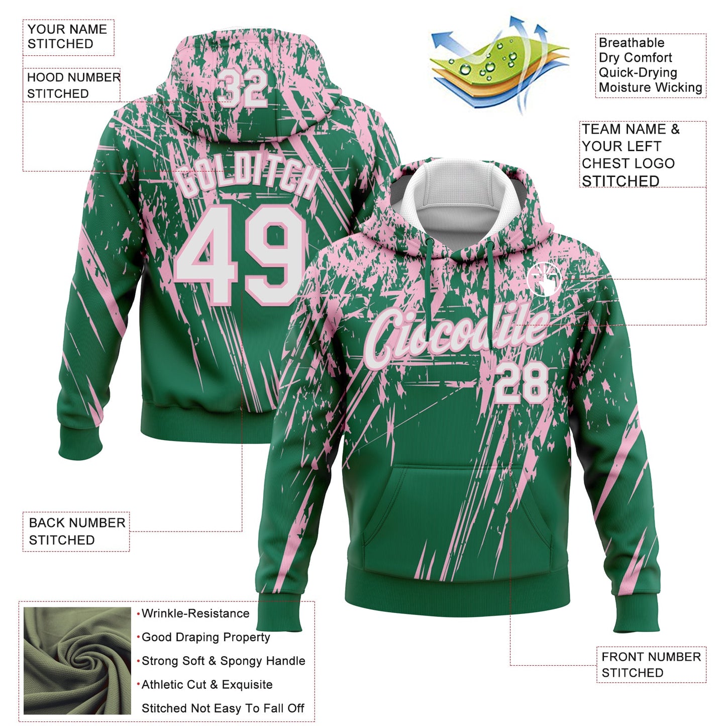 Custom Stitched Kelly Green White-Light Pink 3D Pattern Design Splash Grunge Art Sports Pullover Sweatshirt Hoodie view 2