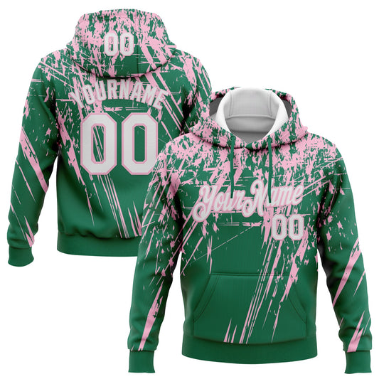 Custom Stitched Kelly Green White-Light Pink 3D Pattern Design Splash Grunge Art Sports Pullover Sweatshirt Hoodie - Main View