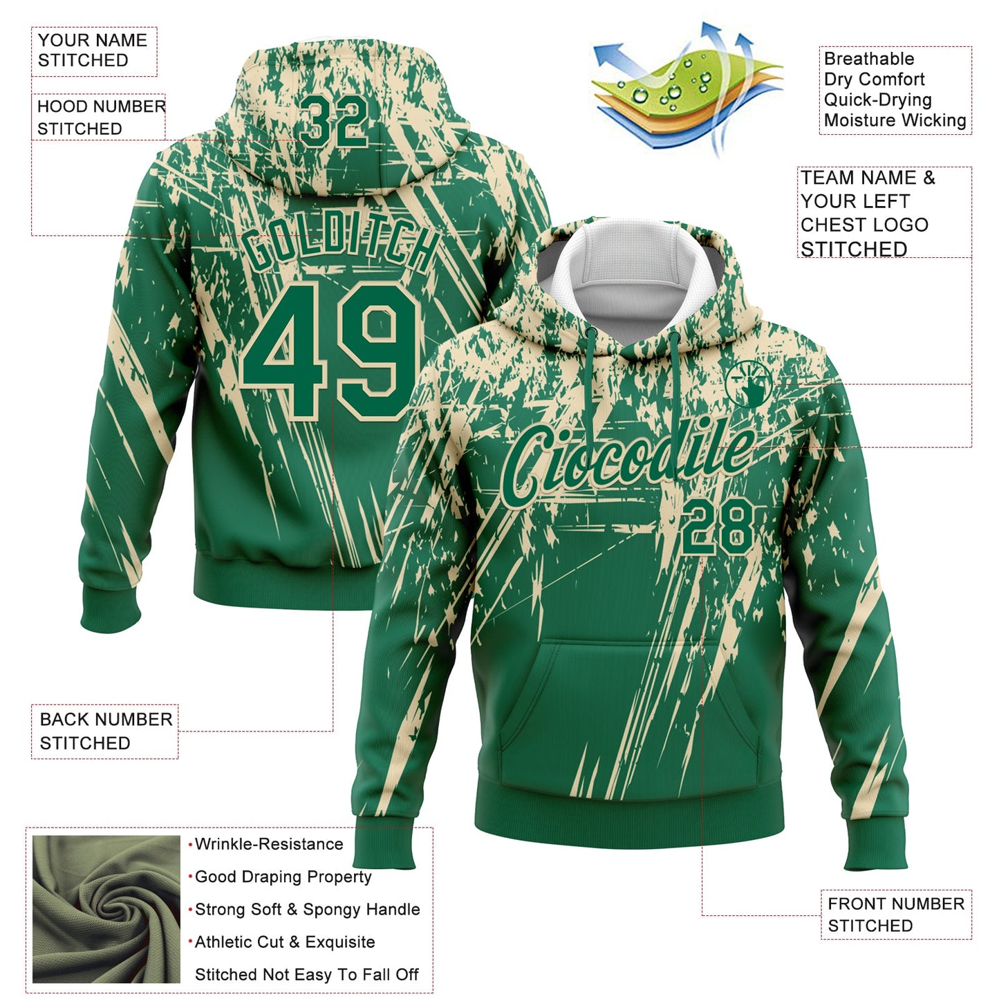 Custom Stitched Kelly Green Cream 3D Pattern Design Splash Grunge Art Sports Pullover Sweatshirt Hoodie view 2