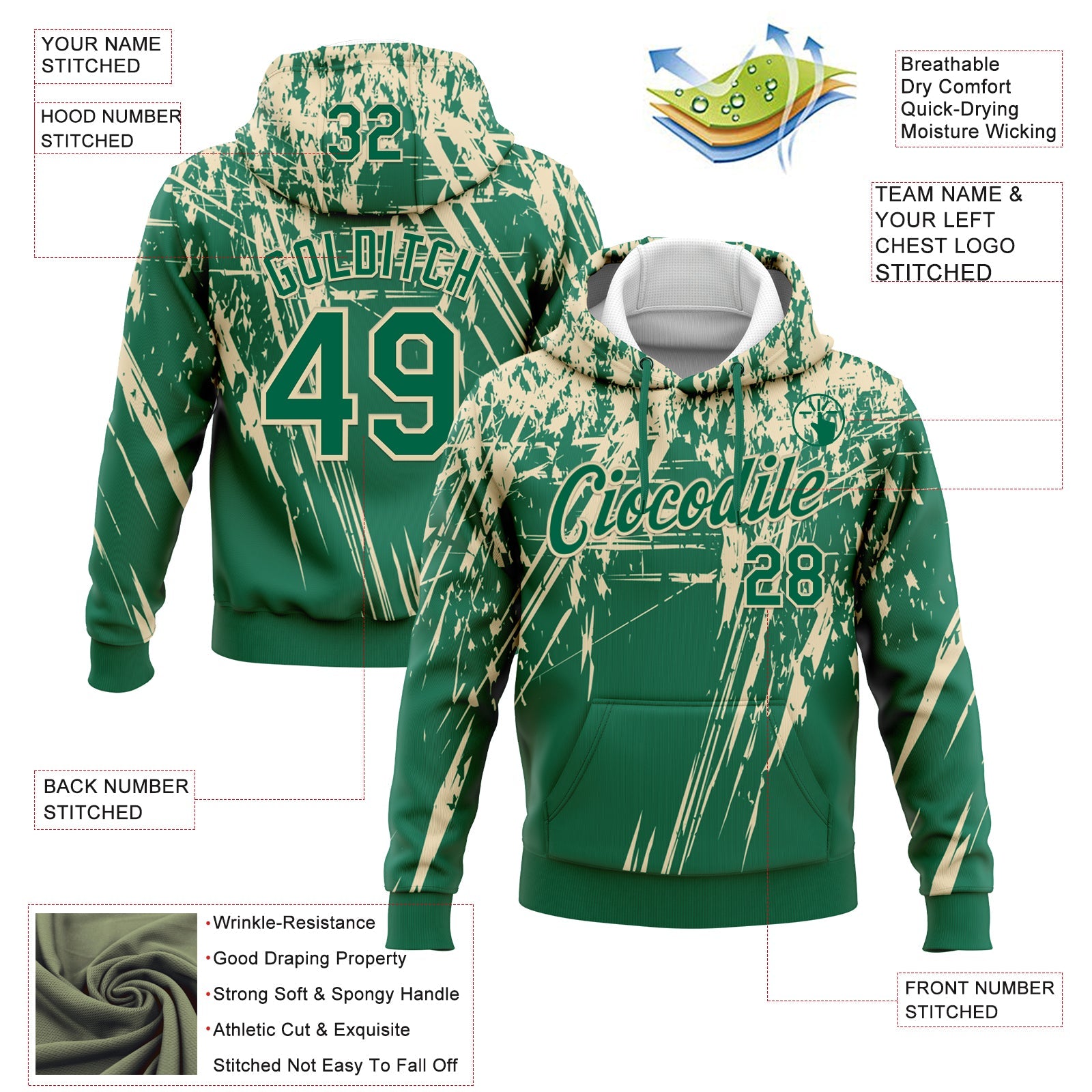 Custom Stitched Kelly Green Cream 3D Pattern Design Splash Grunge Art Sports Pullover Sweatshirt Hoodie view 2
