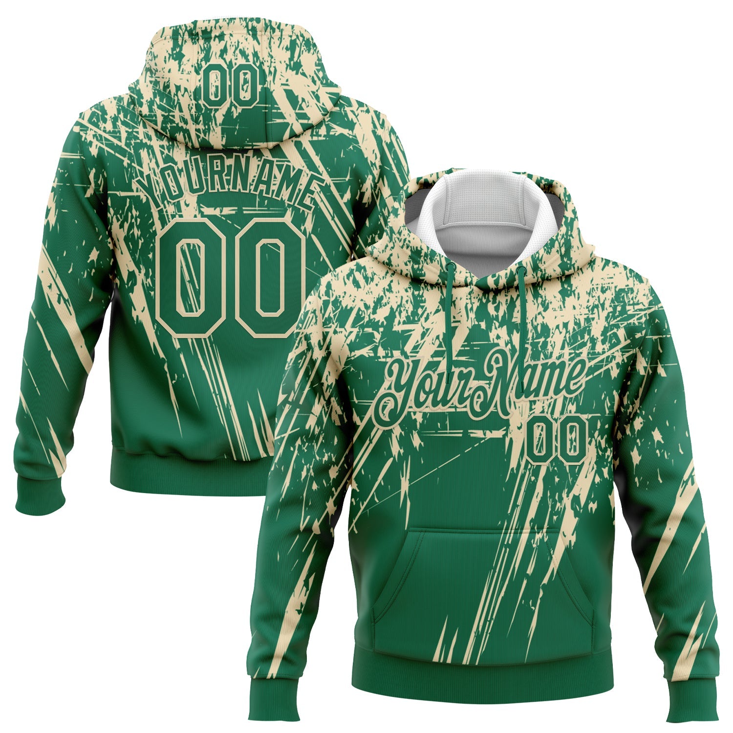 Custom Stitched Kelly Green Cream 3D Pattern Design Splash Grunge Art Sports Pullover Sweatshirt Hoodie - Main View