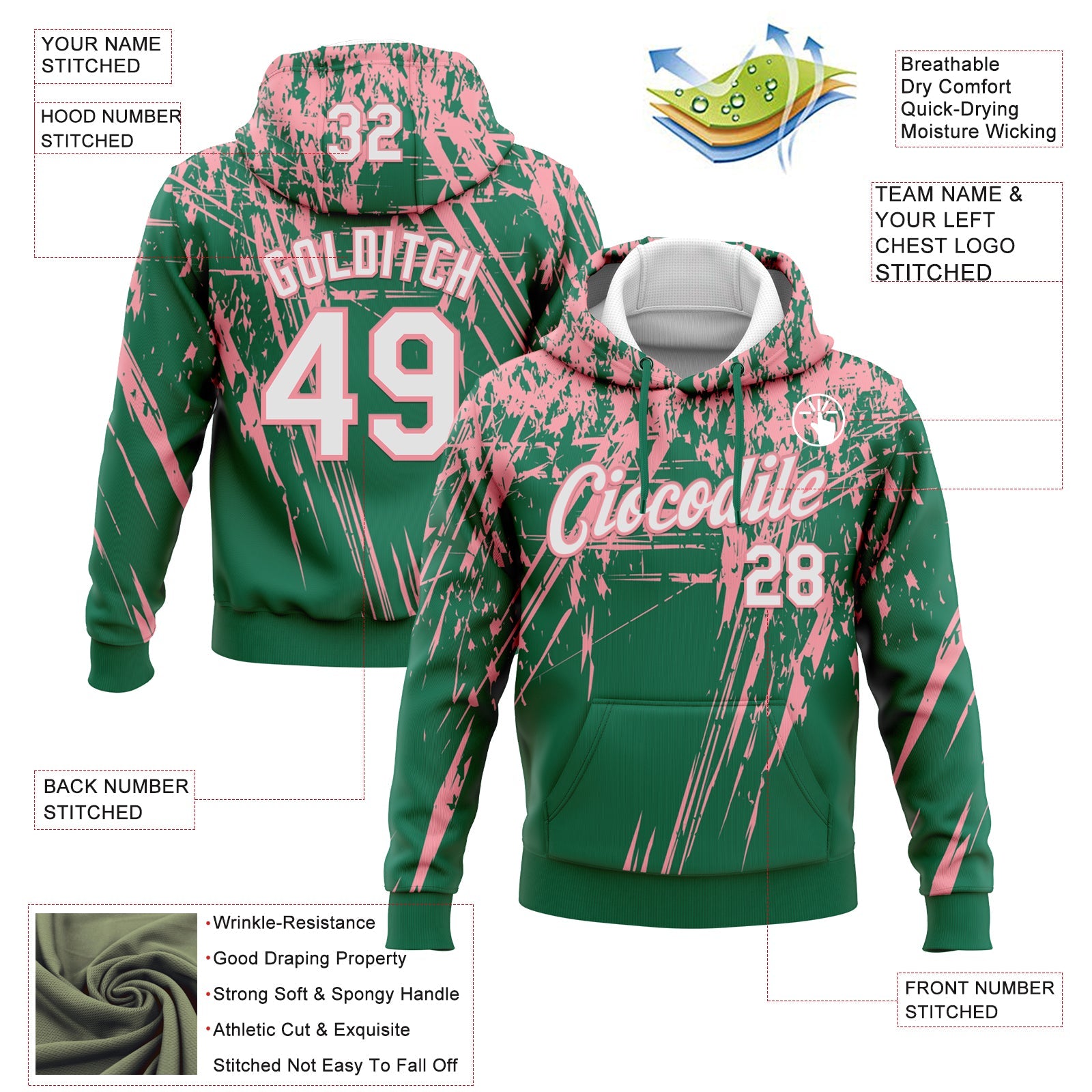Custom Stitched Kelly Green White-Medium Pink 3D Pattern Design Splash Grunge Art Sports Pullover Sweatshirt Hoodie view 2