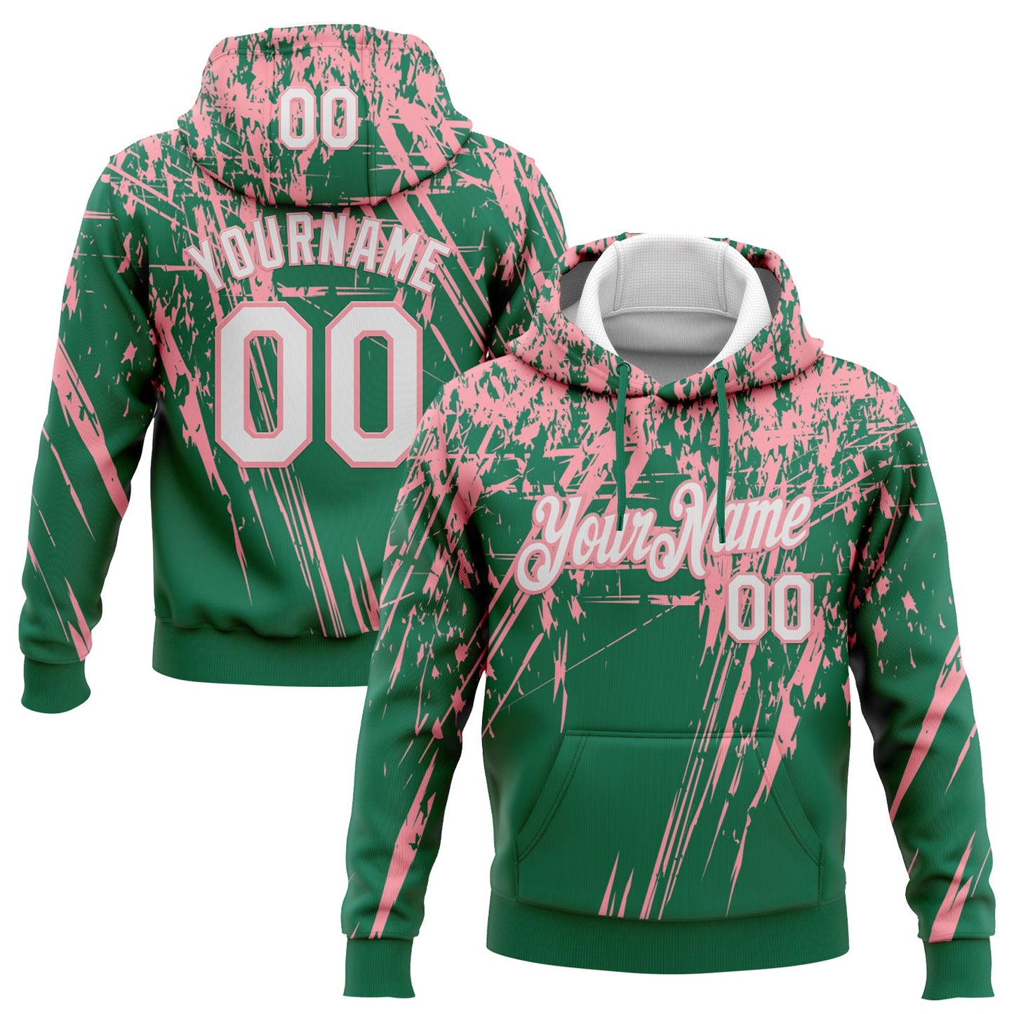 Custom Stitched Kelly Green White-Medium Pink 3D Pattern Design Splash Grunge Art Sports Pullover Sweatshirt Hoodie - Main View