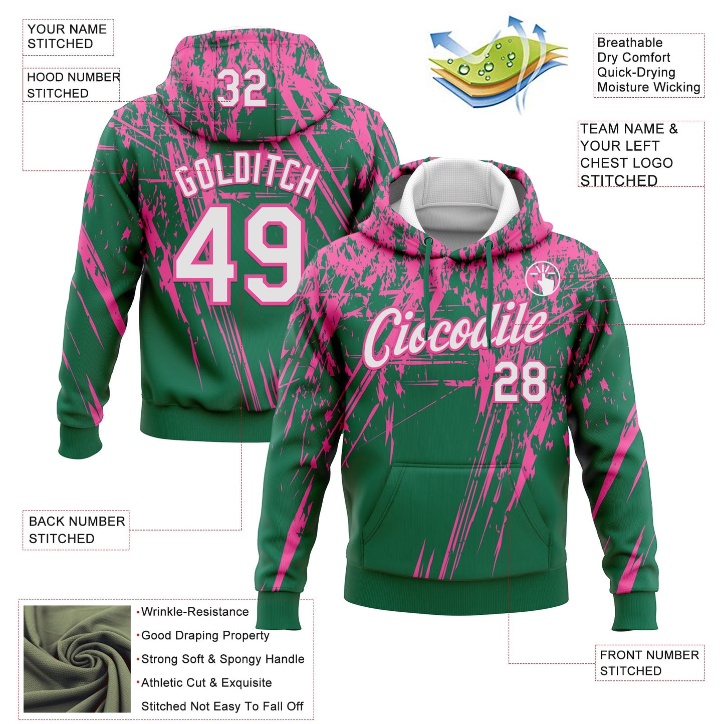 Custom Stitched Kelly Green White-Pink 3D Pattern Design Splash Grunge Art Sports Pullover Sweatshirt Hoodie view 2