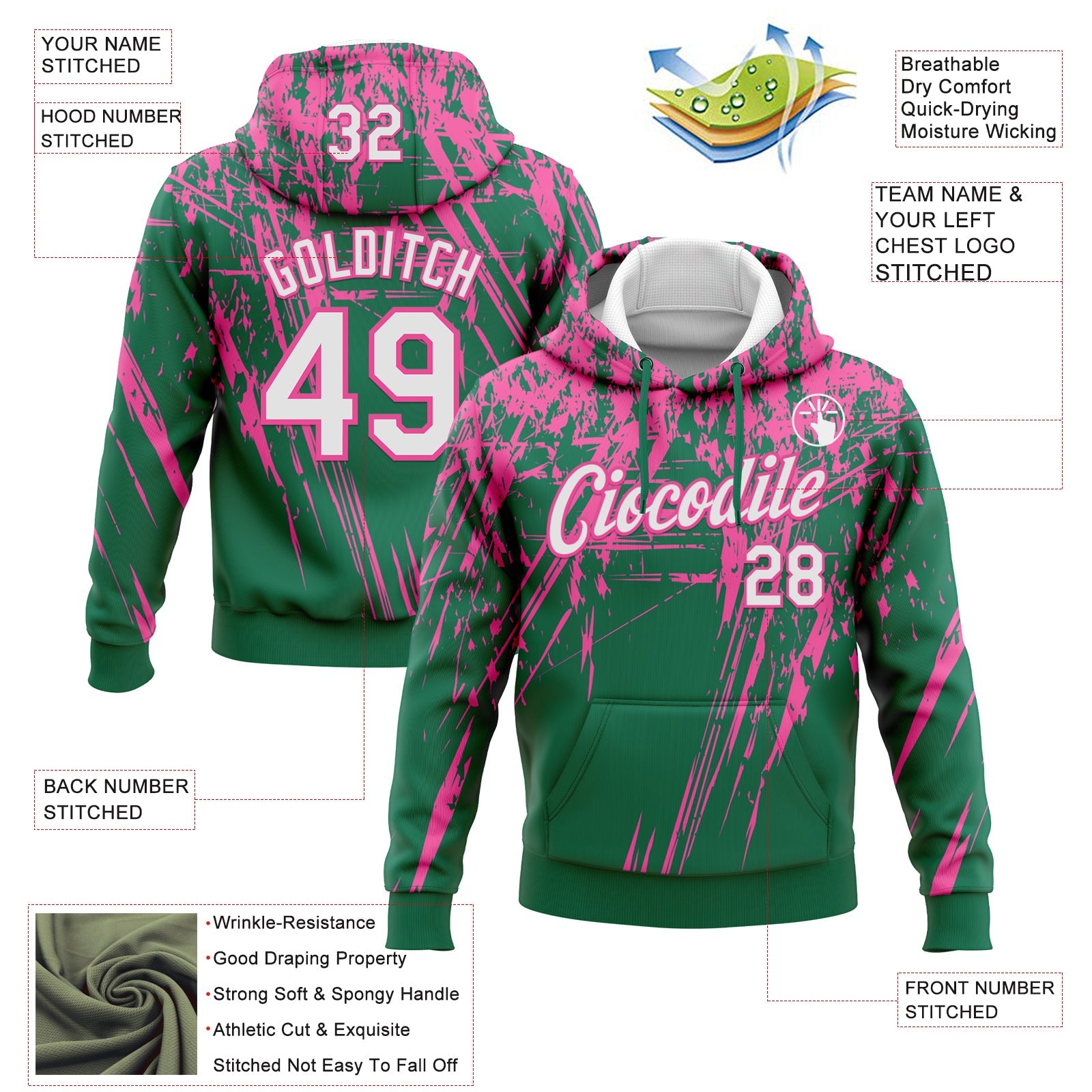 Custom Stitched Kelly Green White-Pink 3D Pattern Design Splash Grunge Art Sports Pullover Sweatshirt Hoodie view 2