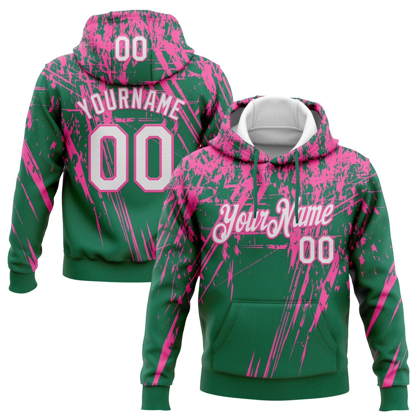 Custom Stitched Kelly Green White-Pink 3D Pattern Design Splash Grunge Art Sports Pullover Sweatshirt Hoodie - Main View