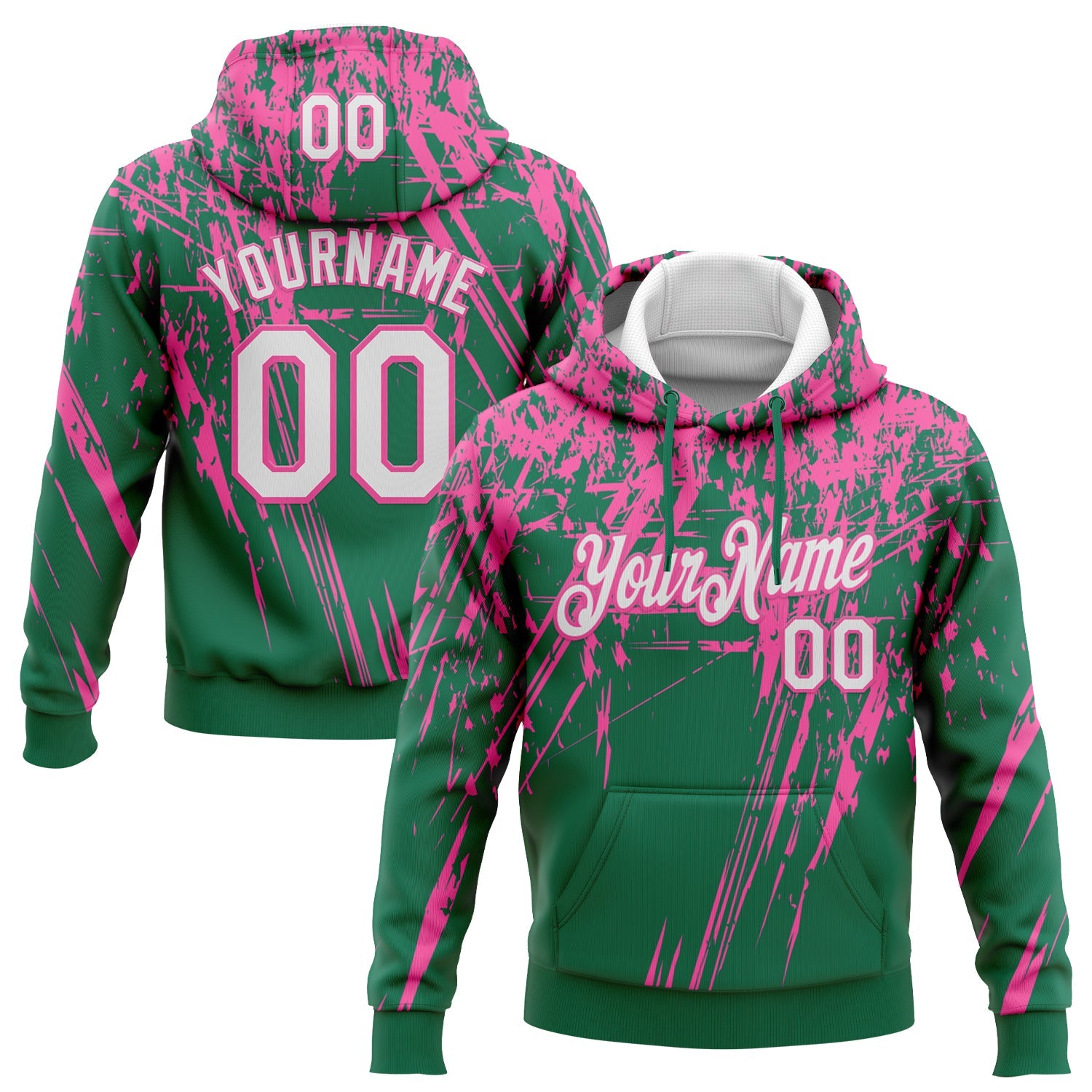 Custom Stitched Kelly Green White-Pink 3D Pattern Design Splash Grunge Art Sports Pullover Sweatshirt Hoodie - Main View