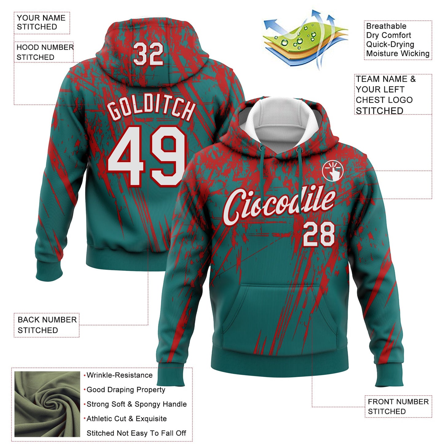 Custom Stitched Teal White-Red 3D Pattern Design Splash Grunge Art Sports Pullover Sweatshirt Hoodie view 2