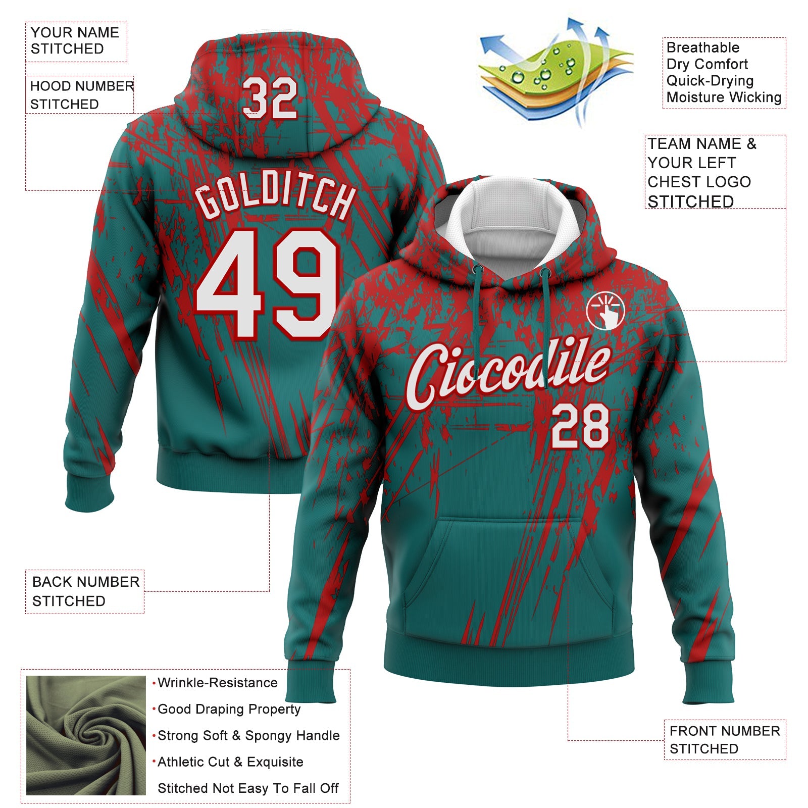 Custom Stitched Teal White-Red 3D Pattern Design Splash Grunge Art Sports Pullover Sweatshirt Hoodie view 2