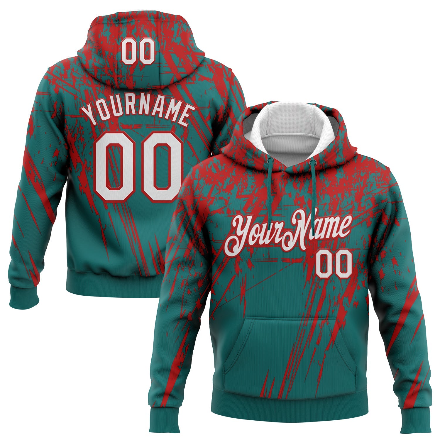 Custom Stitched Teal White-Red 3D Pattern Design Splash Grunge Art Sports Pullover Sweatshirt Hoodie - Main View