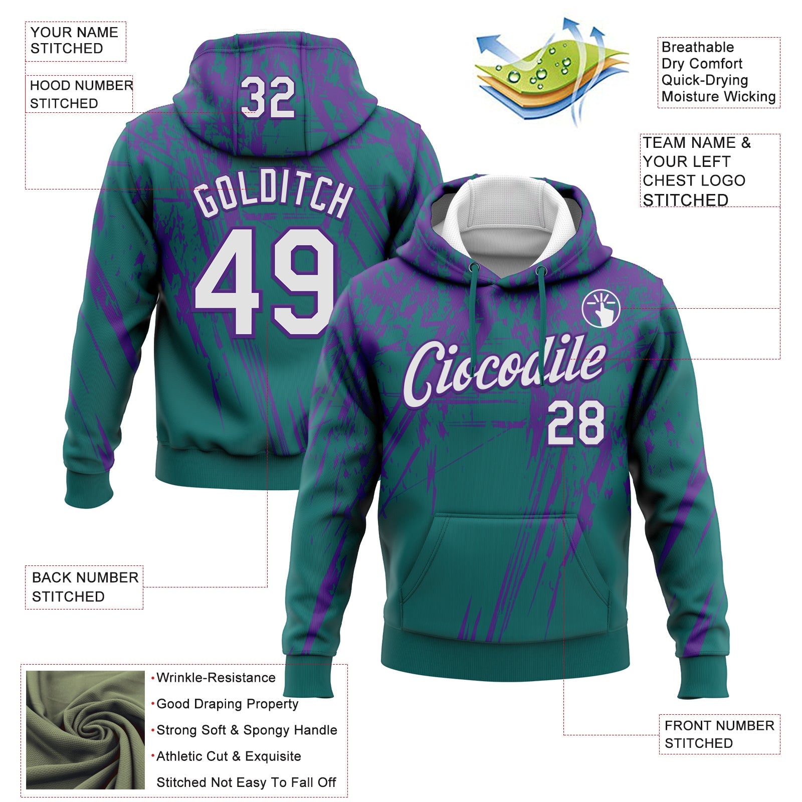 Custom Stitched Teal White-Purple 3D Pattern Design Splash Grunge Art Sports Pullover Sweatshirt Hoodie view 2