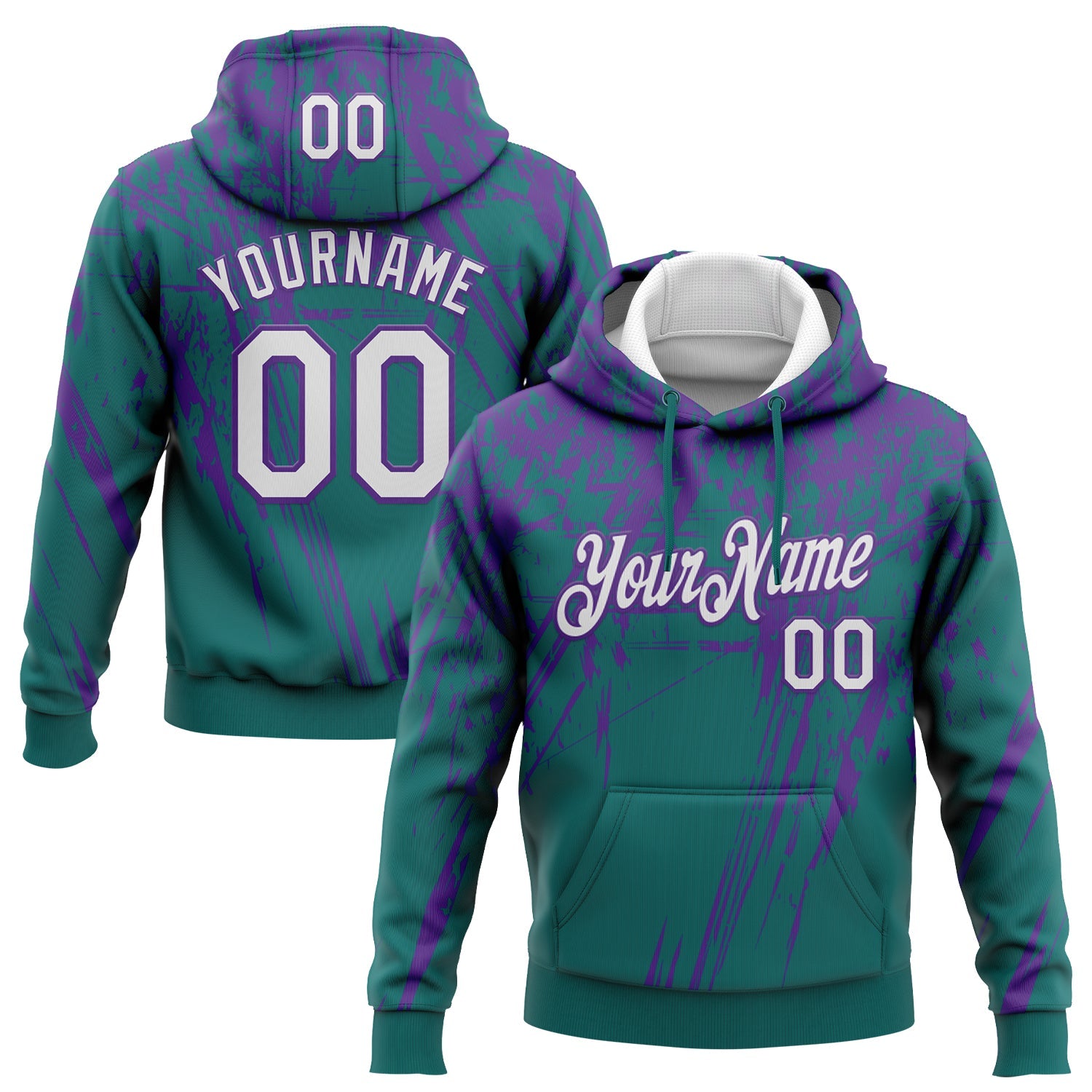 Custom Stitched Teal White-Purple 3D Pattern Design Splash Grunge Art Sports Pullover Sweatshirt Hoodie - Main View