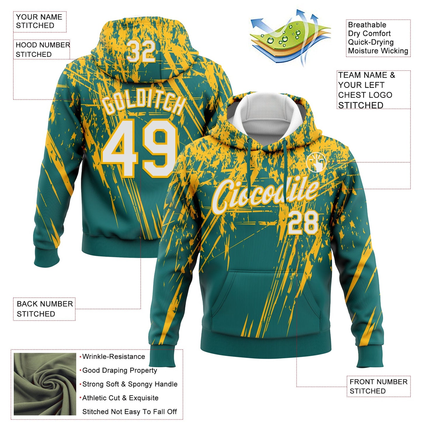 Custom Stitched Teal White-Gold 3D Pattern Design Splash Grunge Art Sports Pullover Sweatshirt Hoodie view 2
