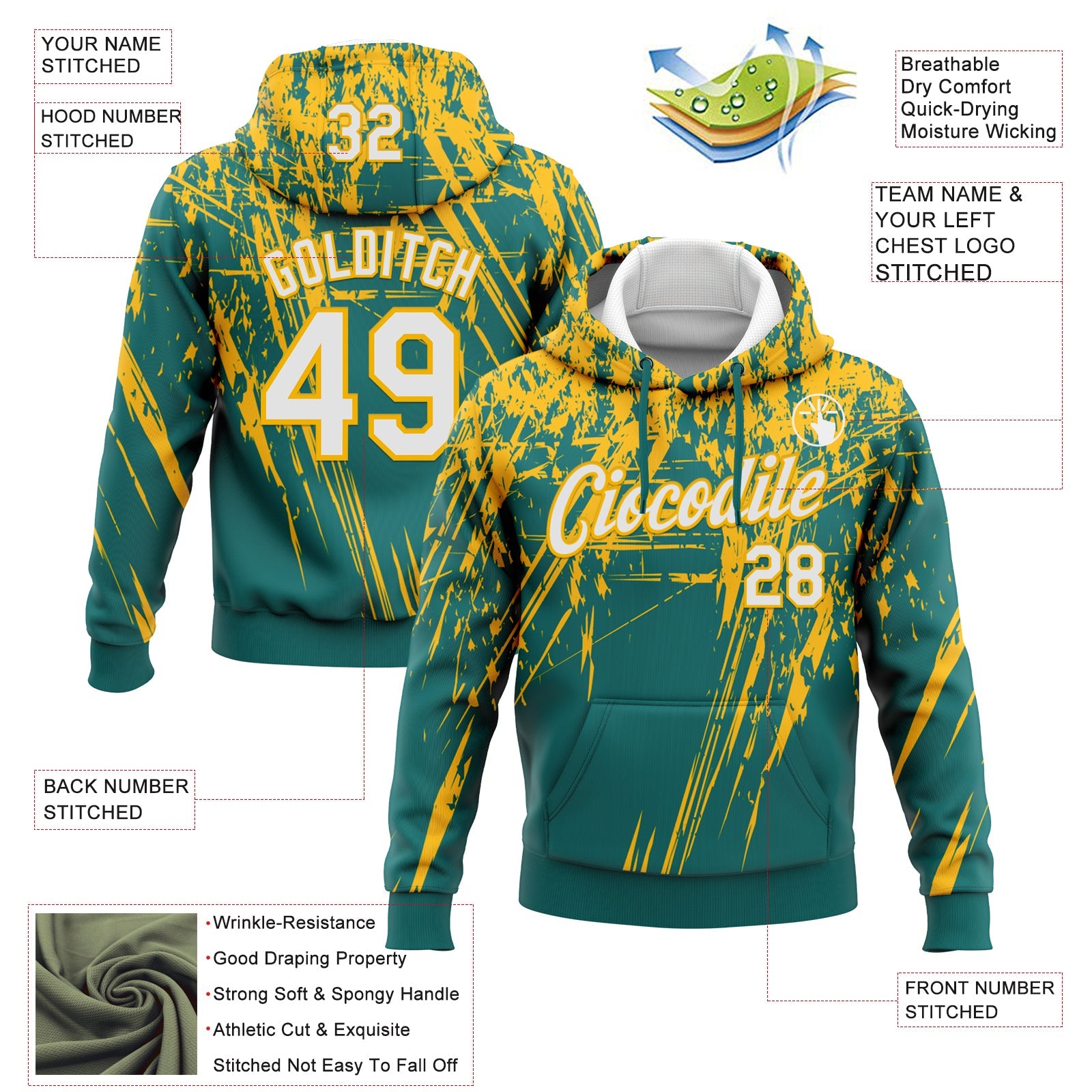 Custom Stitched Teal White-Gold 3D Pattern Design Splash Grunge Art Sports Pullover Sweatshirt Hoodie view 2