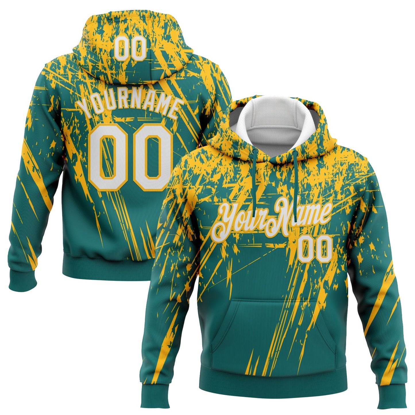 Custom Stitched Teal White-Gold 3D Pattern Design Splash Grunge Art Sports Pullover Sweatshirt Hoodie - Main View