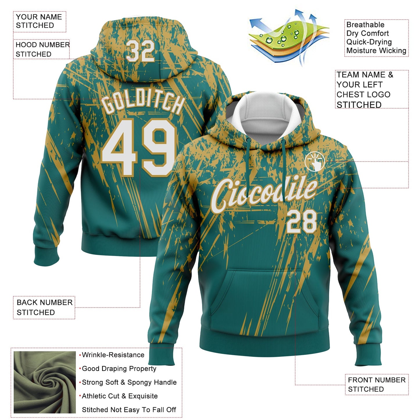 Custom Stitched Teal White-Old Gold 3D Pattern Design Splash Grunge Art Sports Pullover Sweatshirt Hoodie view 2