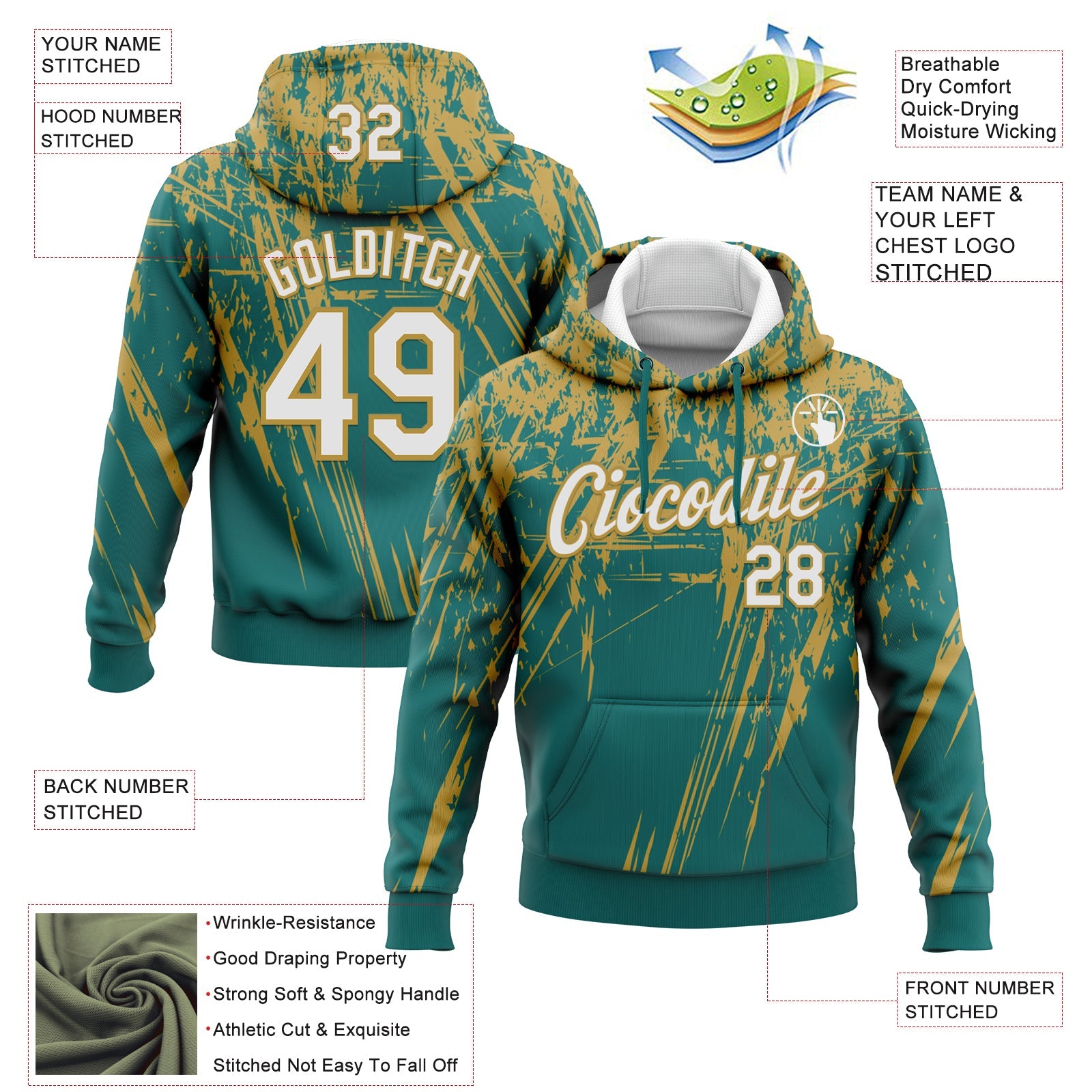 Custom Stitched Teal White-Old Gold 3D Pattern Design Splash Grunge Art Sports Pullover Sweatshirt Hoodie view 2