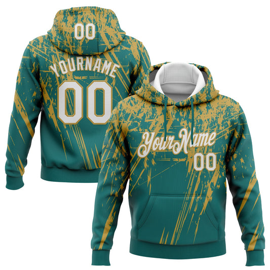 Custom Stitched Teal White-Old Gold 3D Pattern Design Splash Grunge Art Sports Pullover Sweatshirt Hoodie - Main View