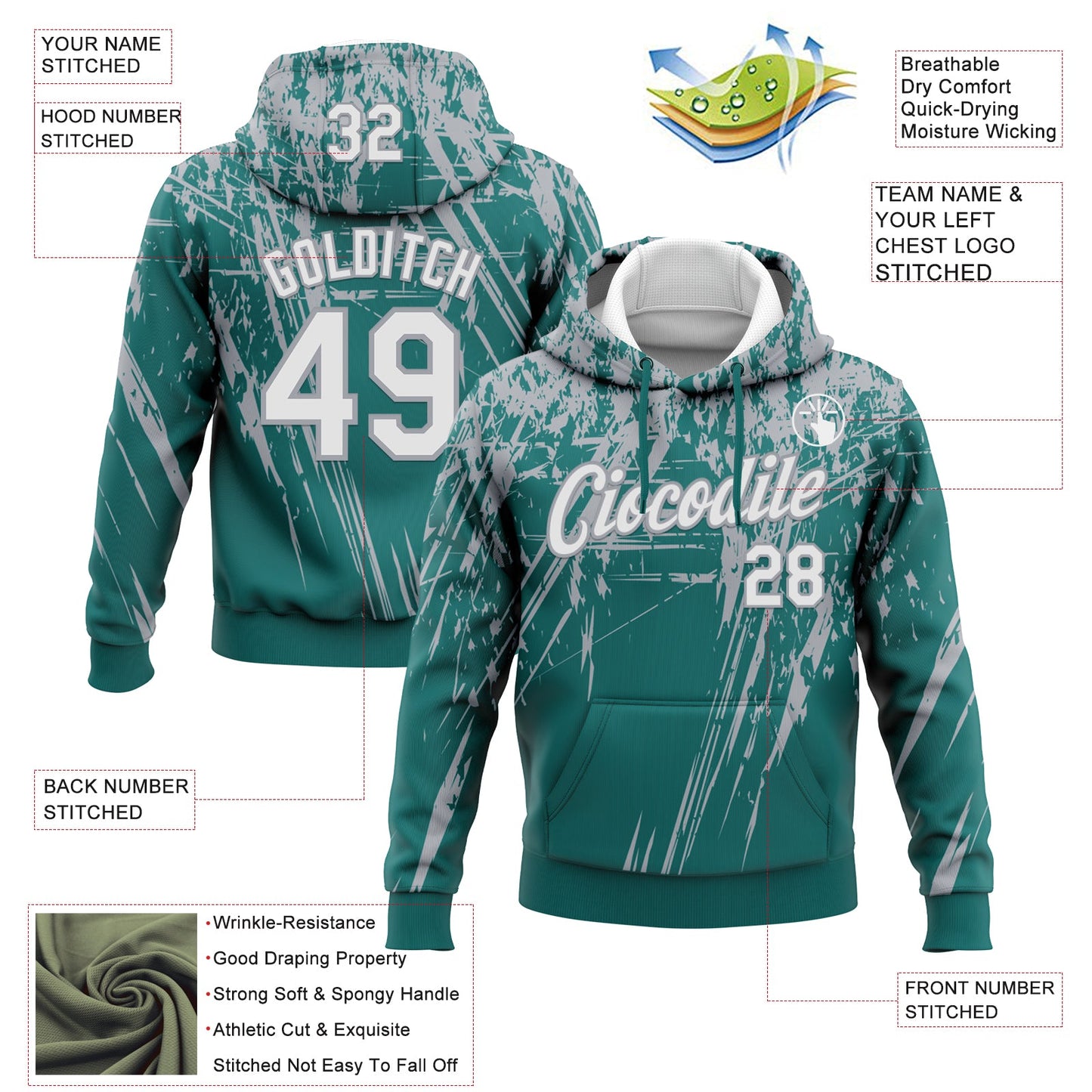 Custom Stitched Teal White-Gray 3D Pattern Design Splash Grunge Art Sports Pullover Sweatshirt Hoodie view 2