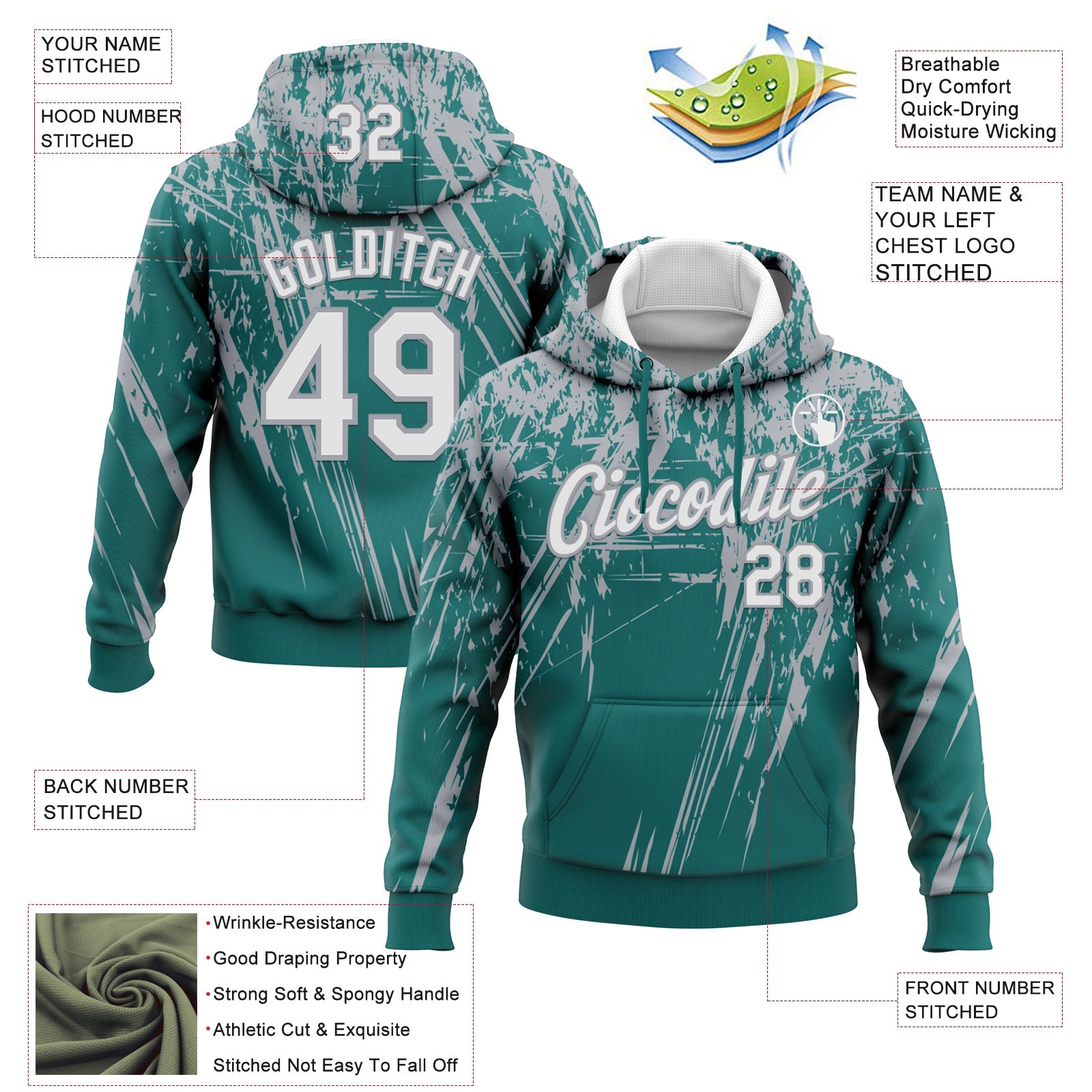Custom Stitched Teal White-Gray 3D Pattern Design Splash Grunge Art Sports Pullover Sweatshirt Hoodie view 2