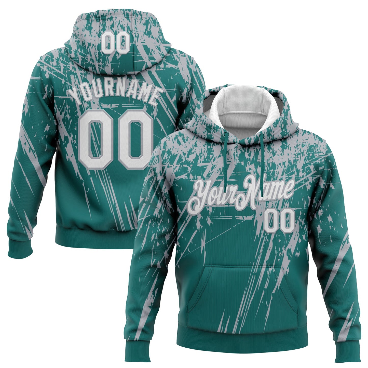 Custom Stitched Teal White-Gray 3D Pattern Design Splash Grunge Art Sports Pullover Sweatshirt Hoodie - Main View