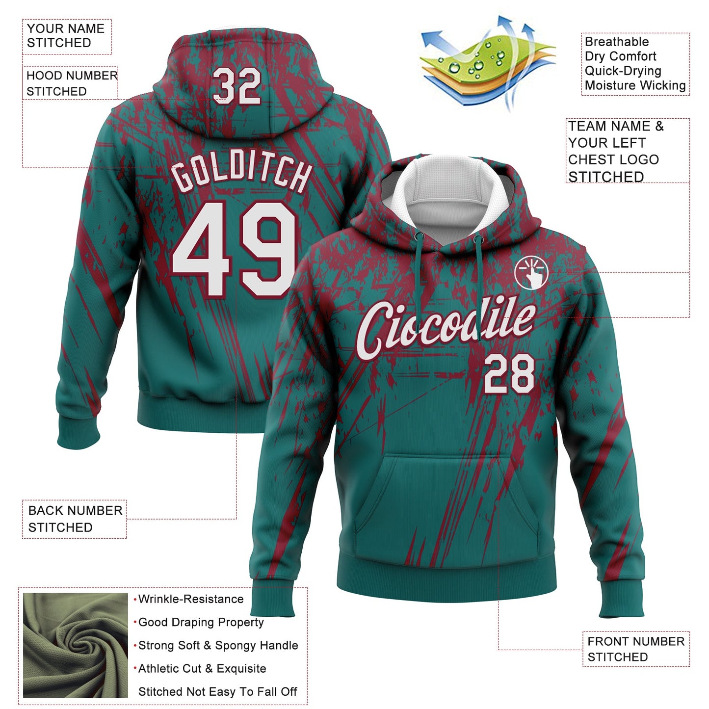 Custom Stitched Teal White-Crimson 3D Pattern Design Splash Grunge Art Sports Pullover Sweatshirt Hoodie view 2