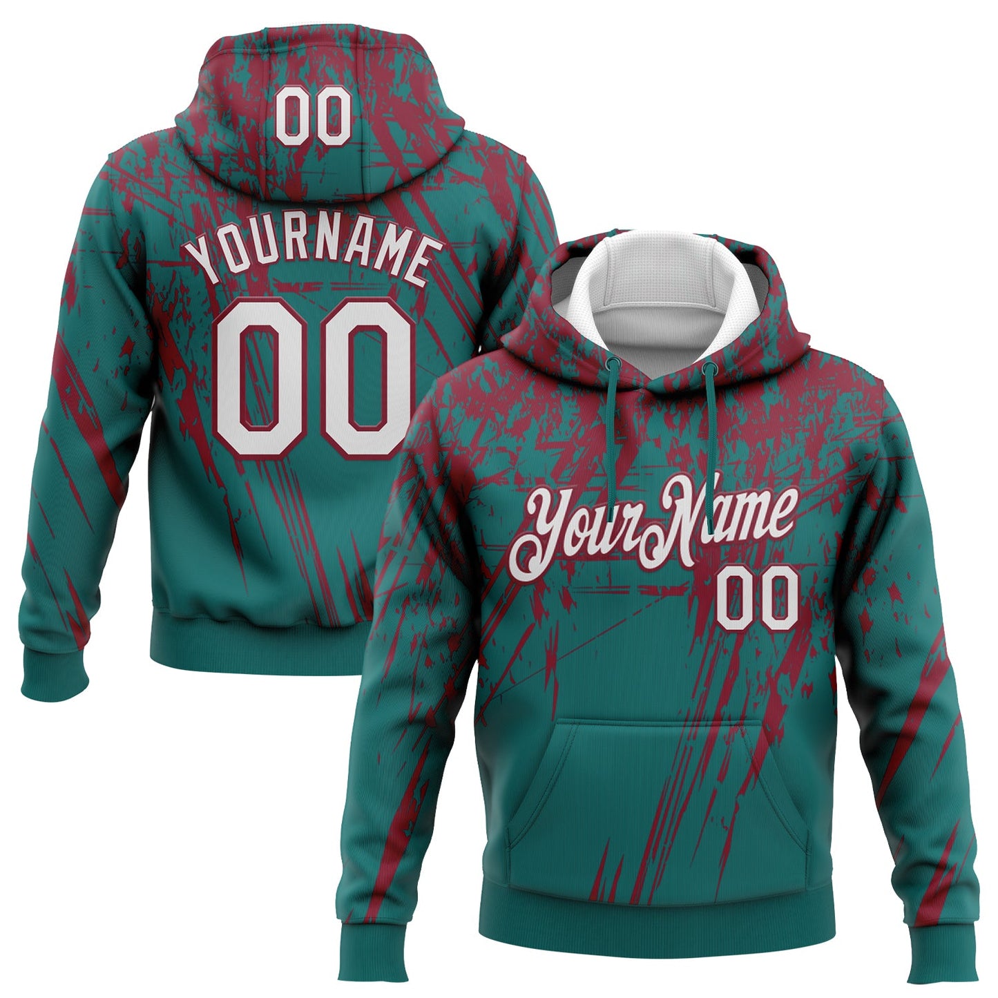 Custom Stitched Teal White-Crimson 3D Pattern Design Splash Grunge Art Sports Pullover Sweatshirt Hoodie - Main View
